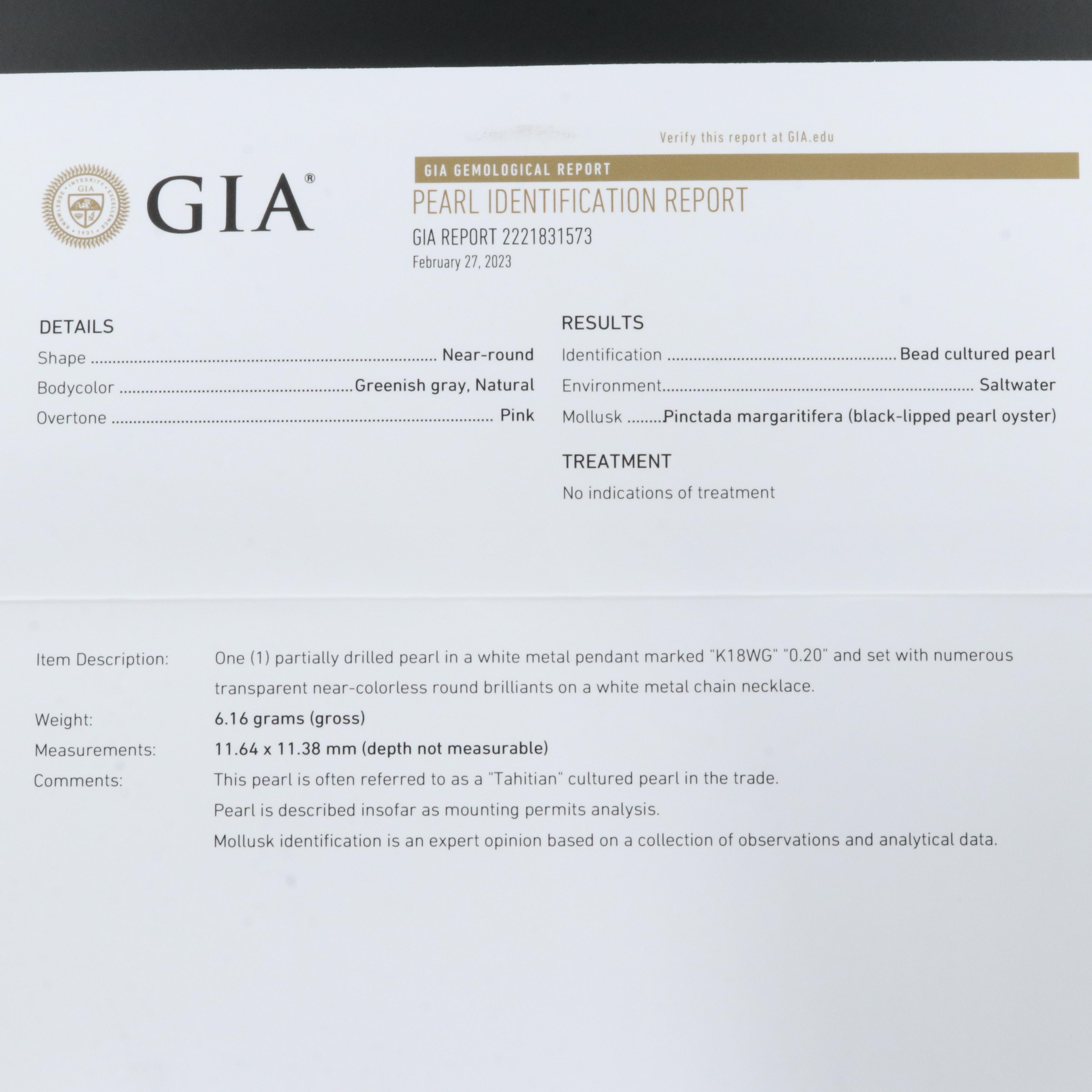 18K 11.64 x 11.38 mm Pearl and Diamond Pendant Necklace with GIA Report