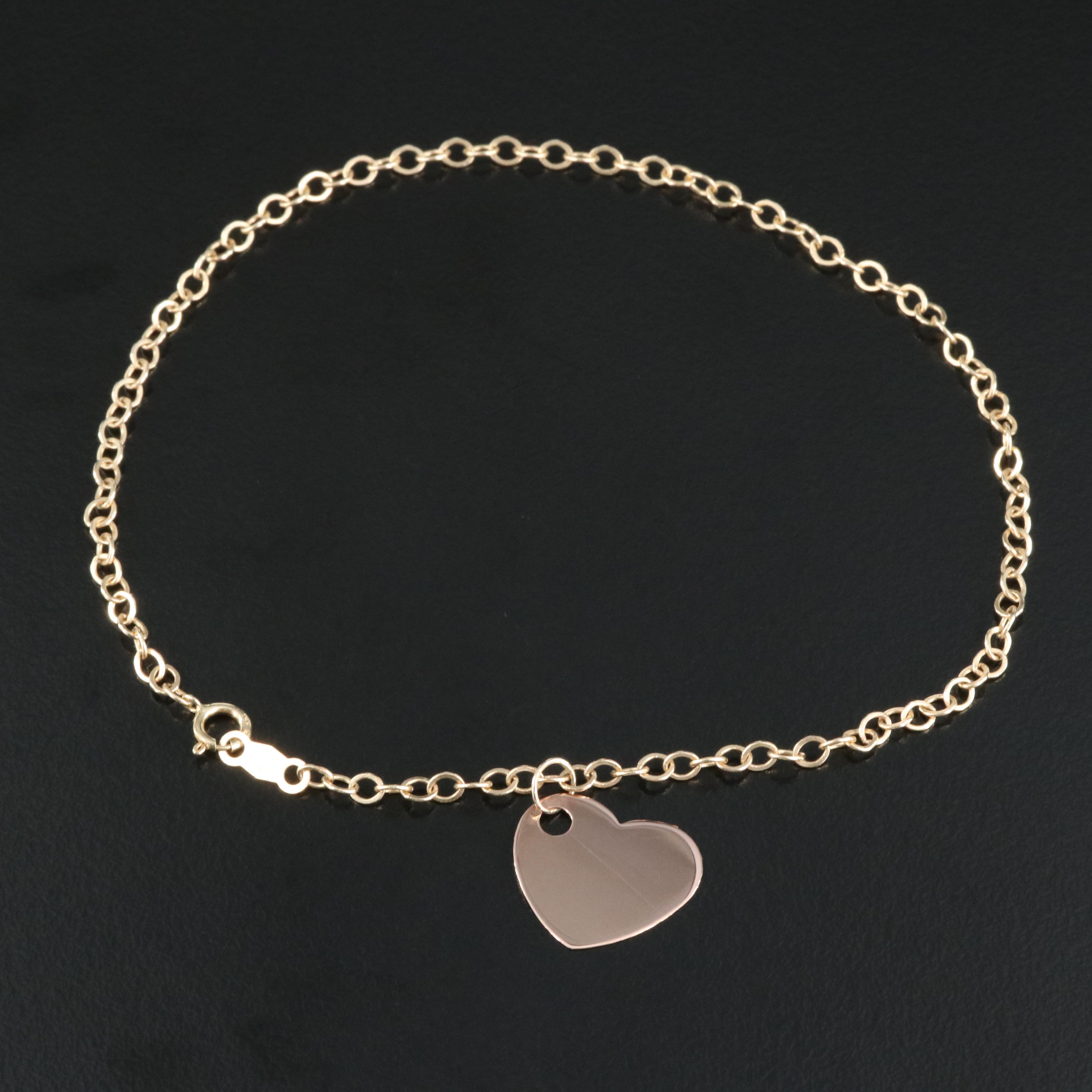 14K Cable Chain Anklet with Rose Gold Heart Charm