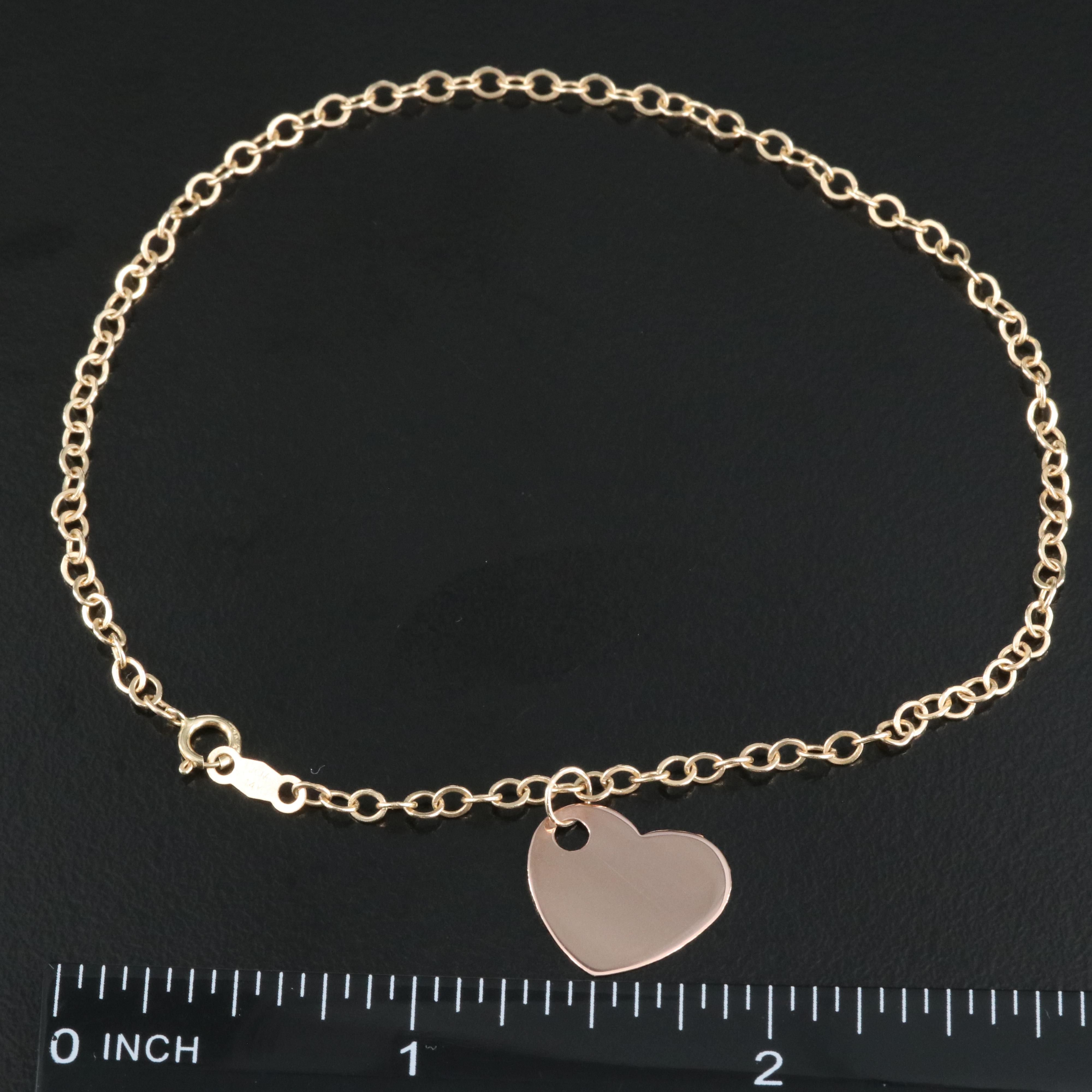 14K Cable Chain Anklet with Rose Gold Heart Charm