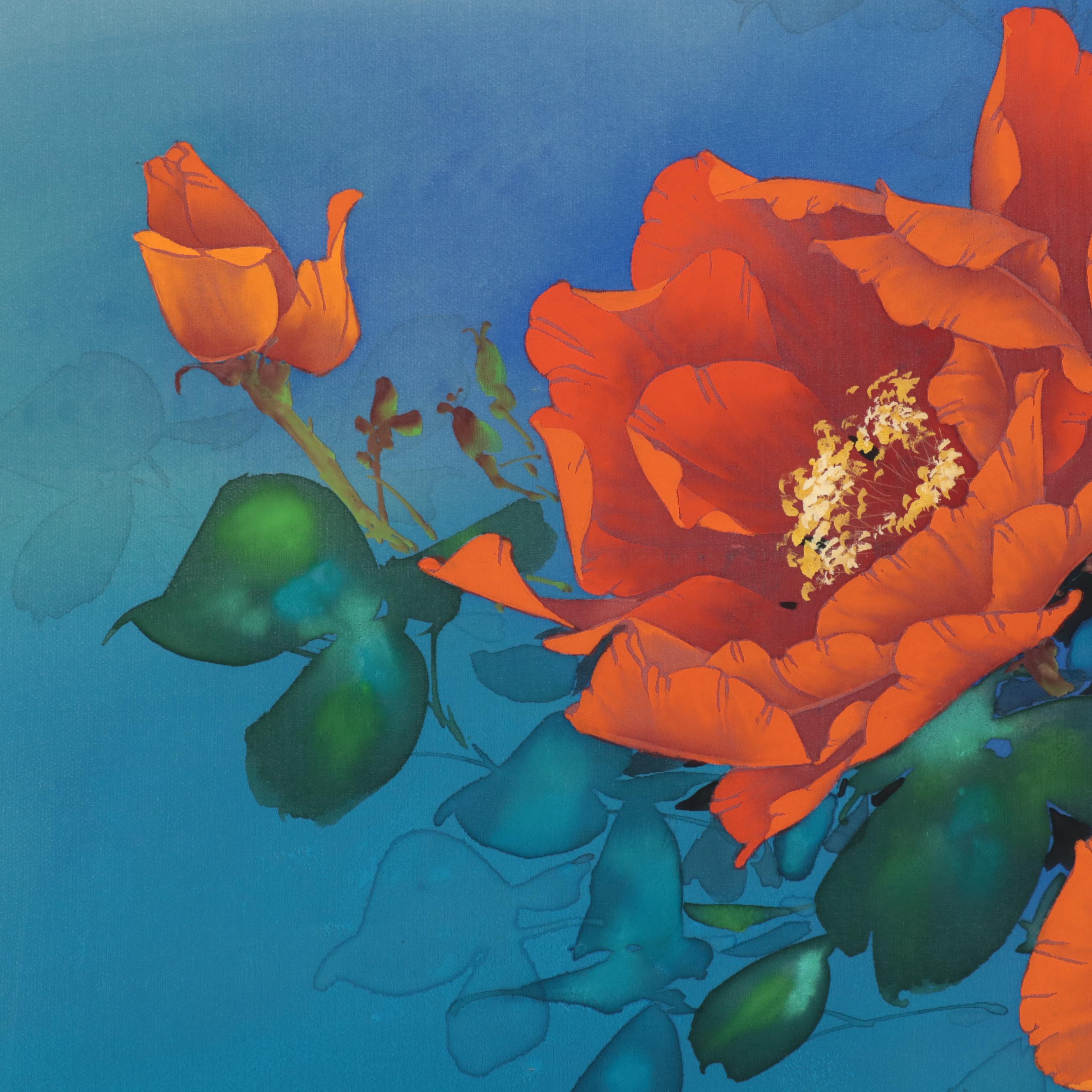 David Lee Silk Painting of Flowers, Late 20th Century