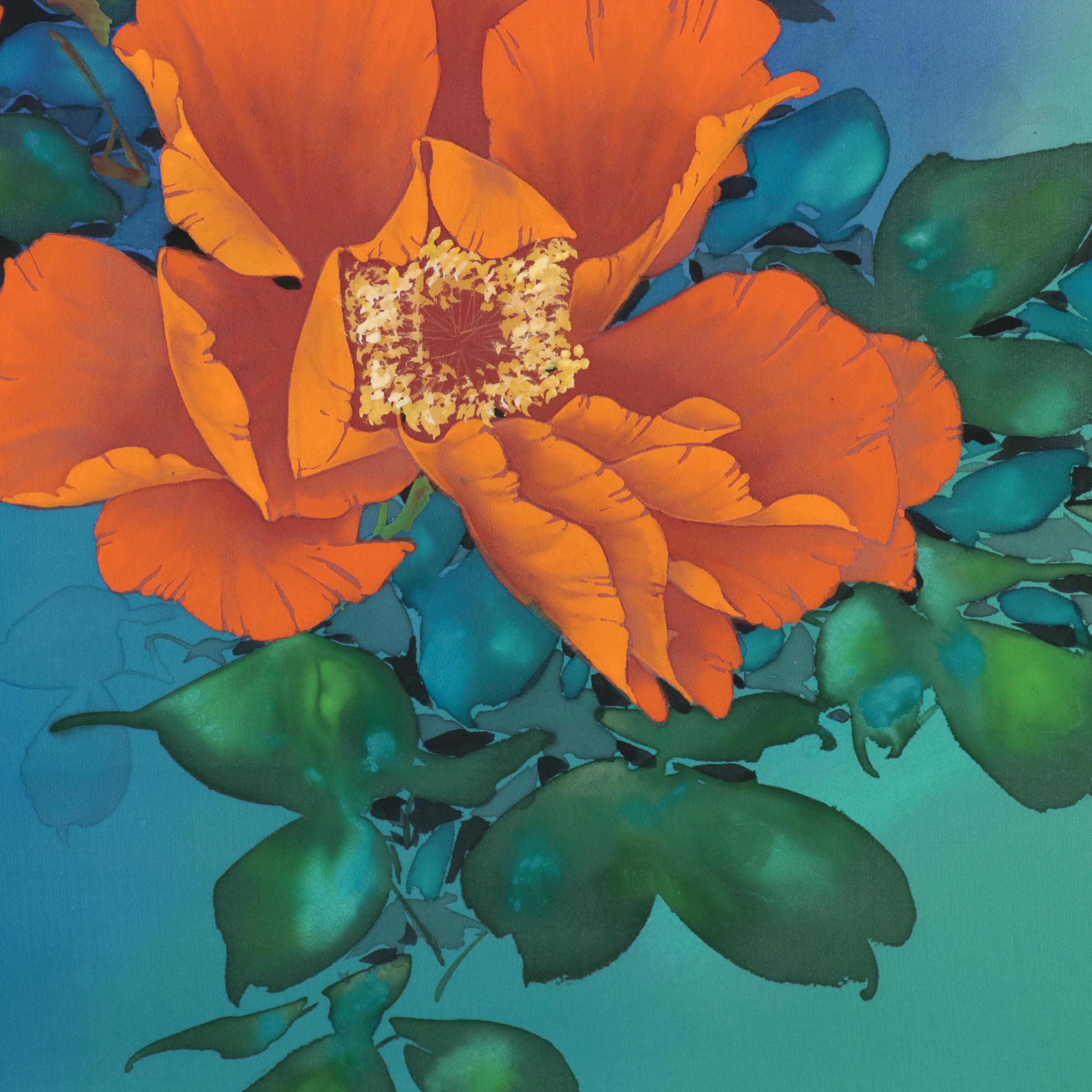 David Lee Silk Painting of Flowers, Late 20th Century