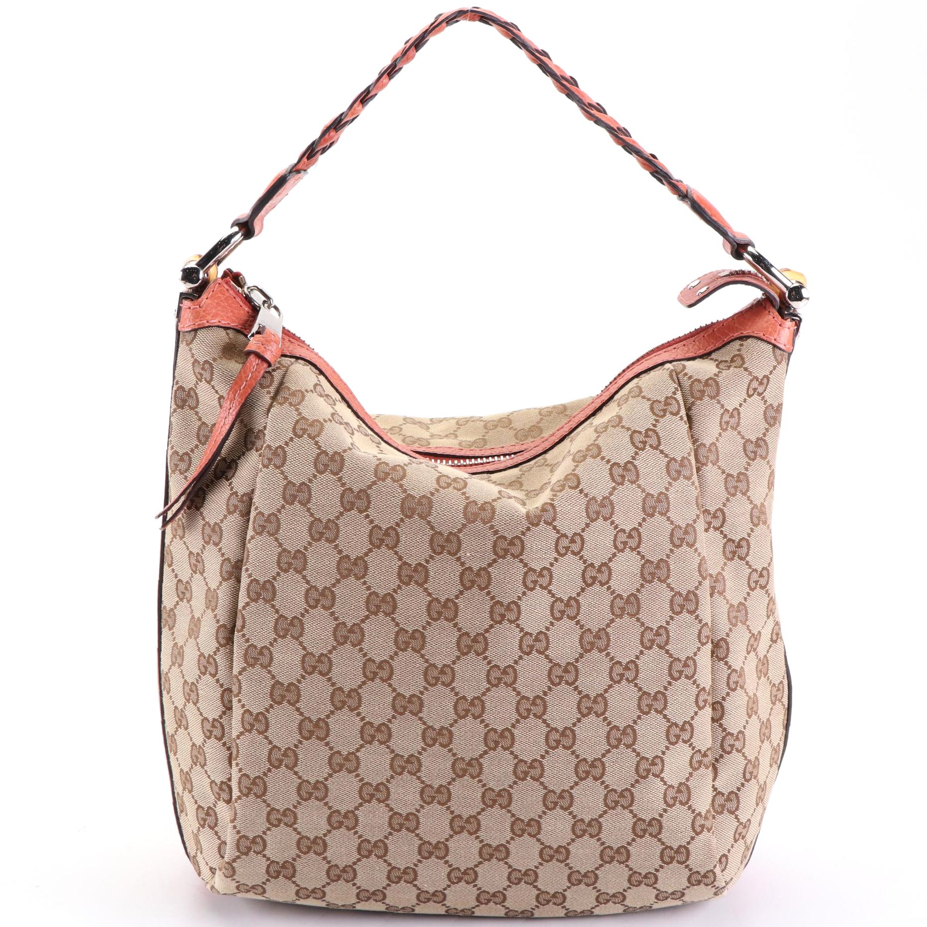 Gucci Bamboo Bar Medium Hobo Bag in GG Canvas with Grain Leather Trim