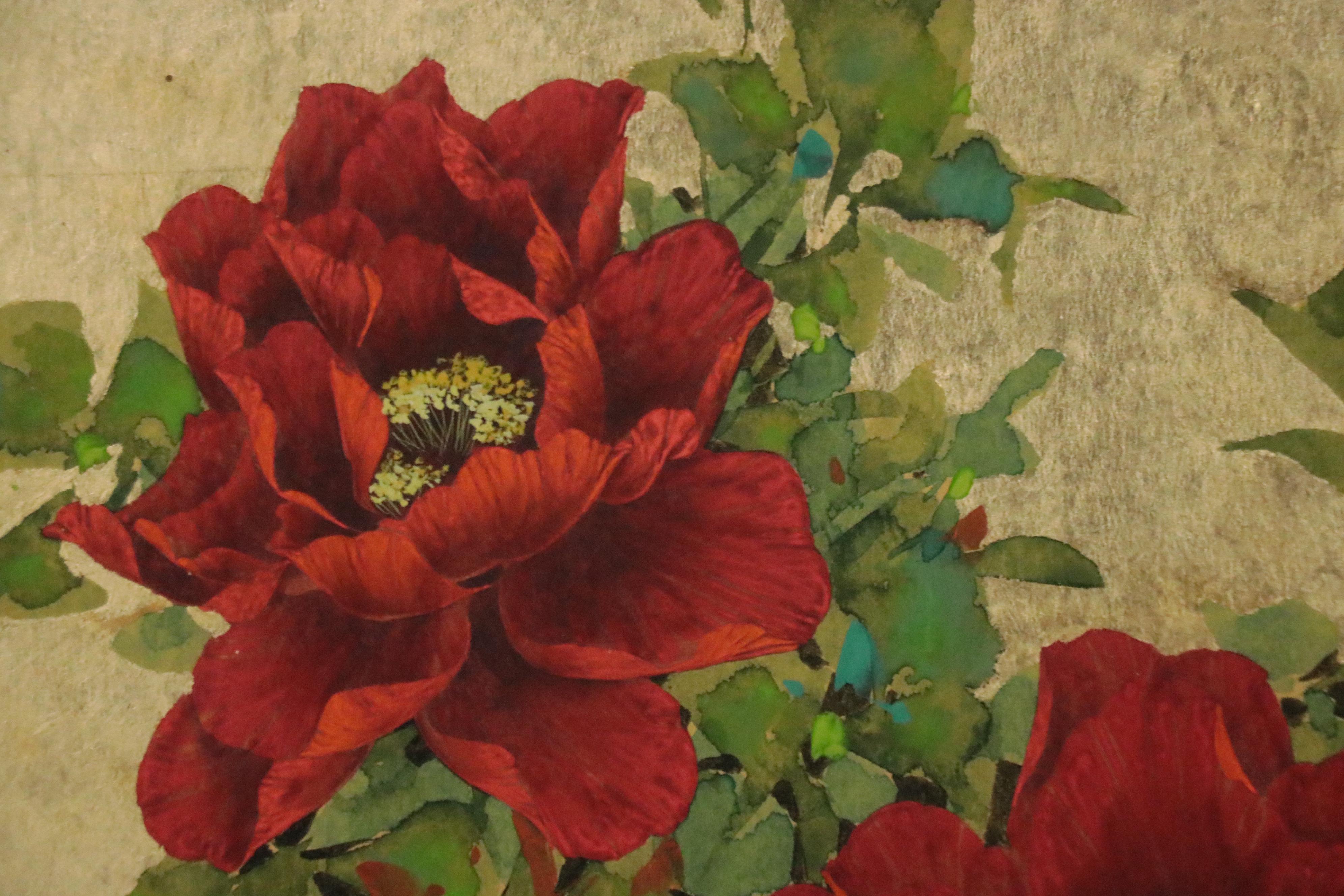 David Lee Embellished Watercolor Painting of Flowers, Late 20th Century