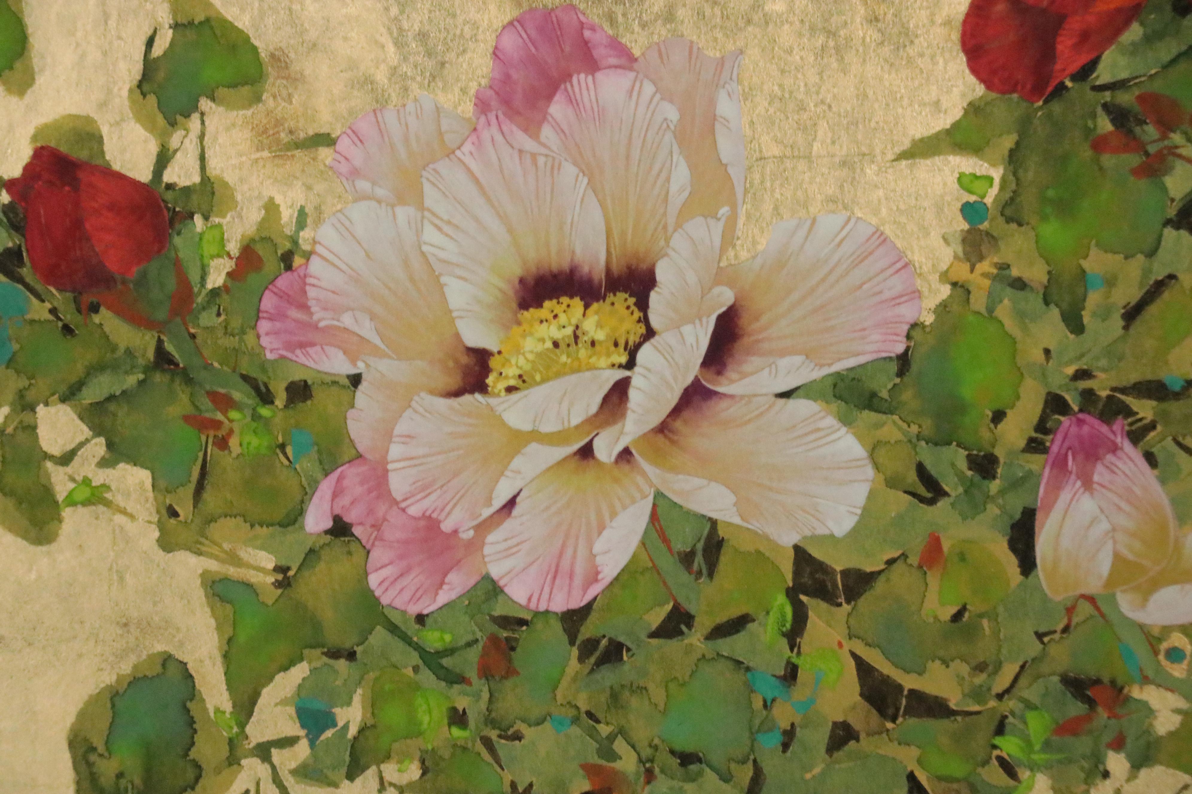 David Lee Embellished Watercolor Painting of Flowers, Late 20th Century