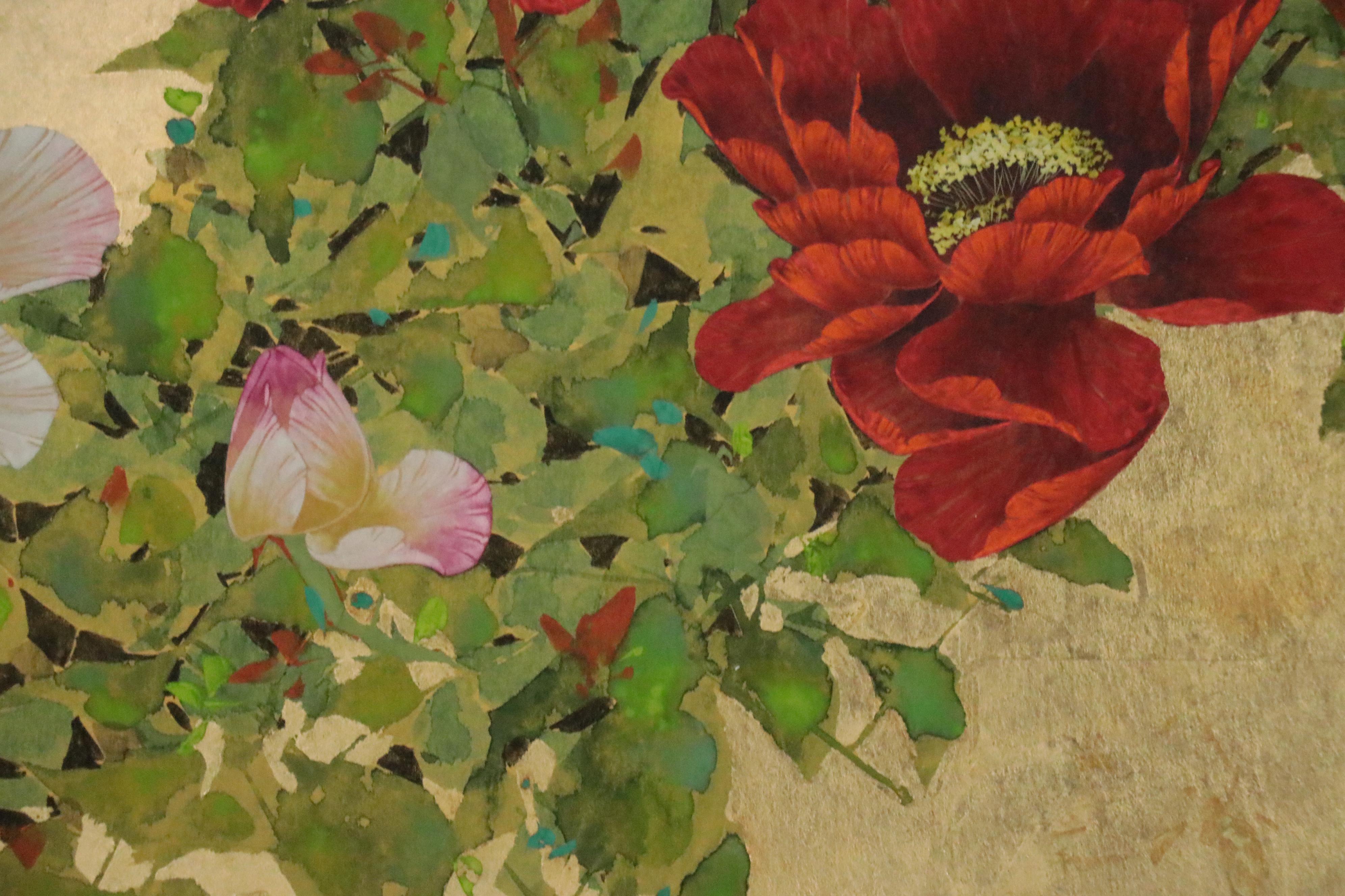 David Lee Embellished Watercolor Painting of Flowers, Late 20th Century