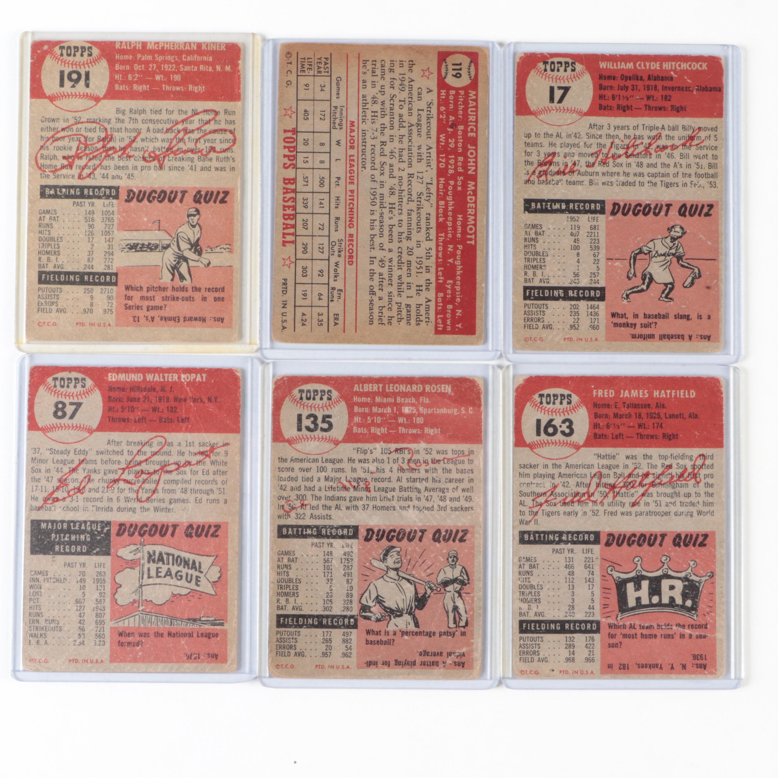 1952 and 1953 Topps Baseball Cards with Kiner, Hitchcock, Repulski and More