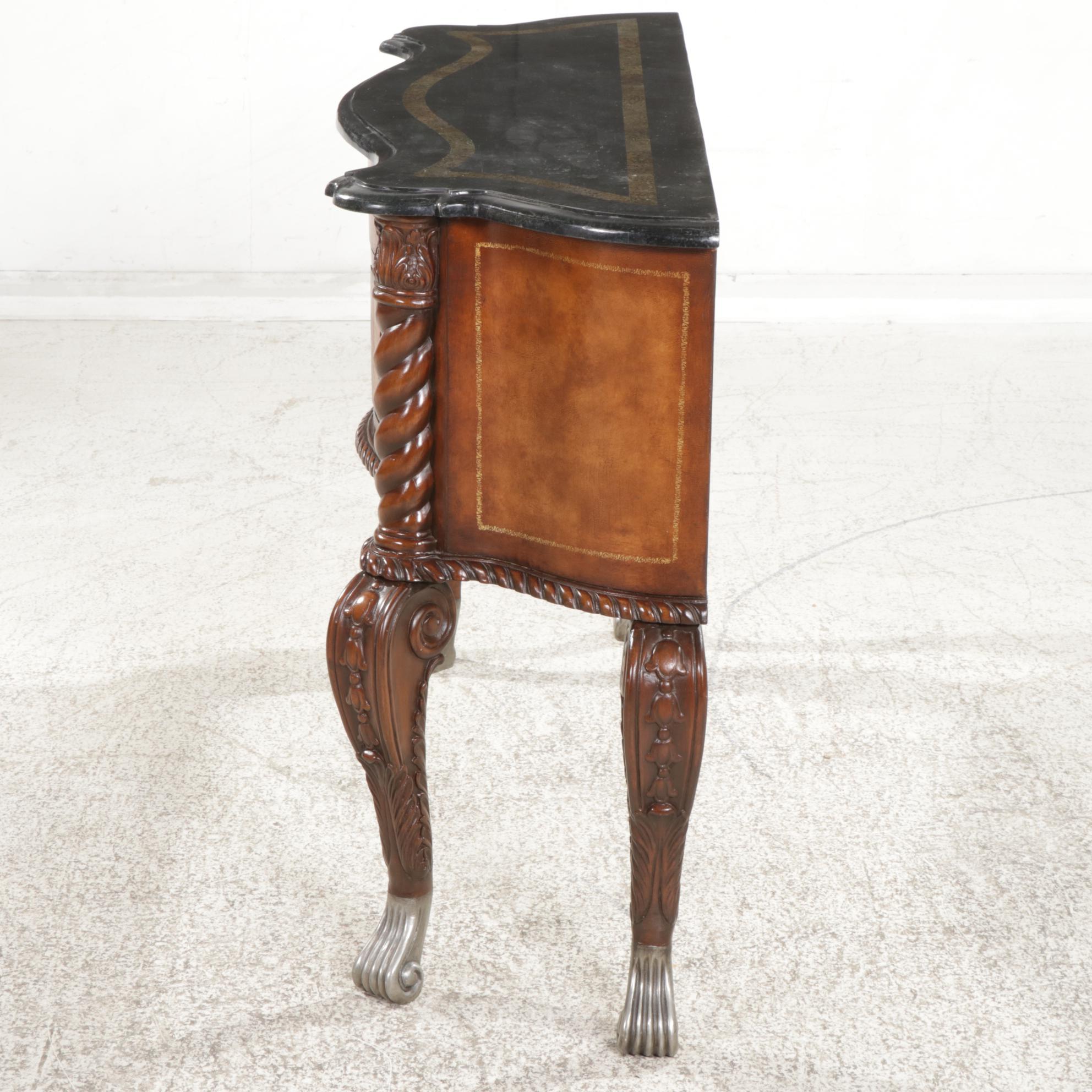 Baroque Style Carved Wood, Stone Top and Metal Foot Credenza