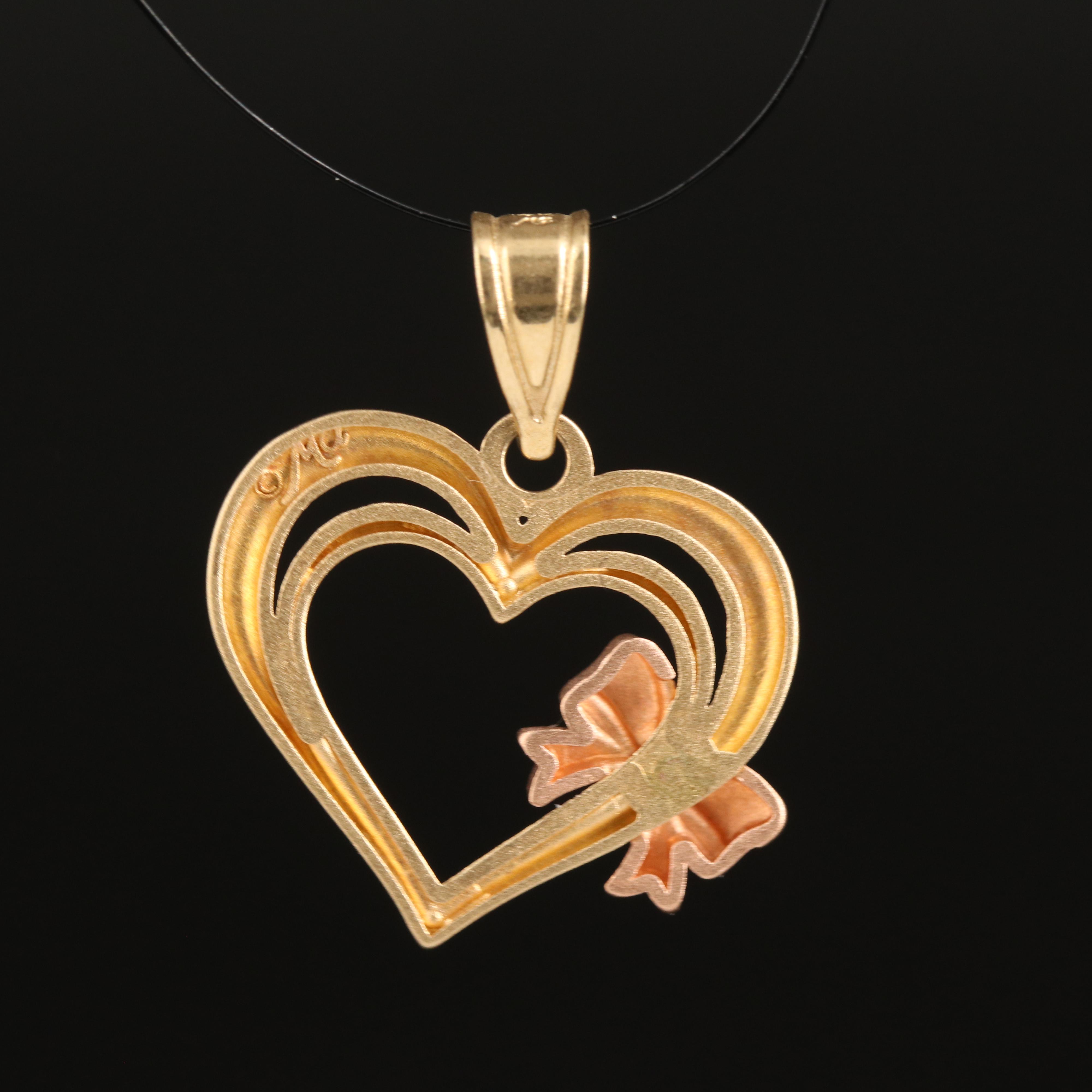 14K Heart Pendant with Rose Gold Bow Accent