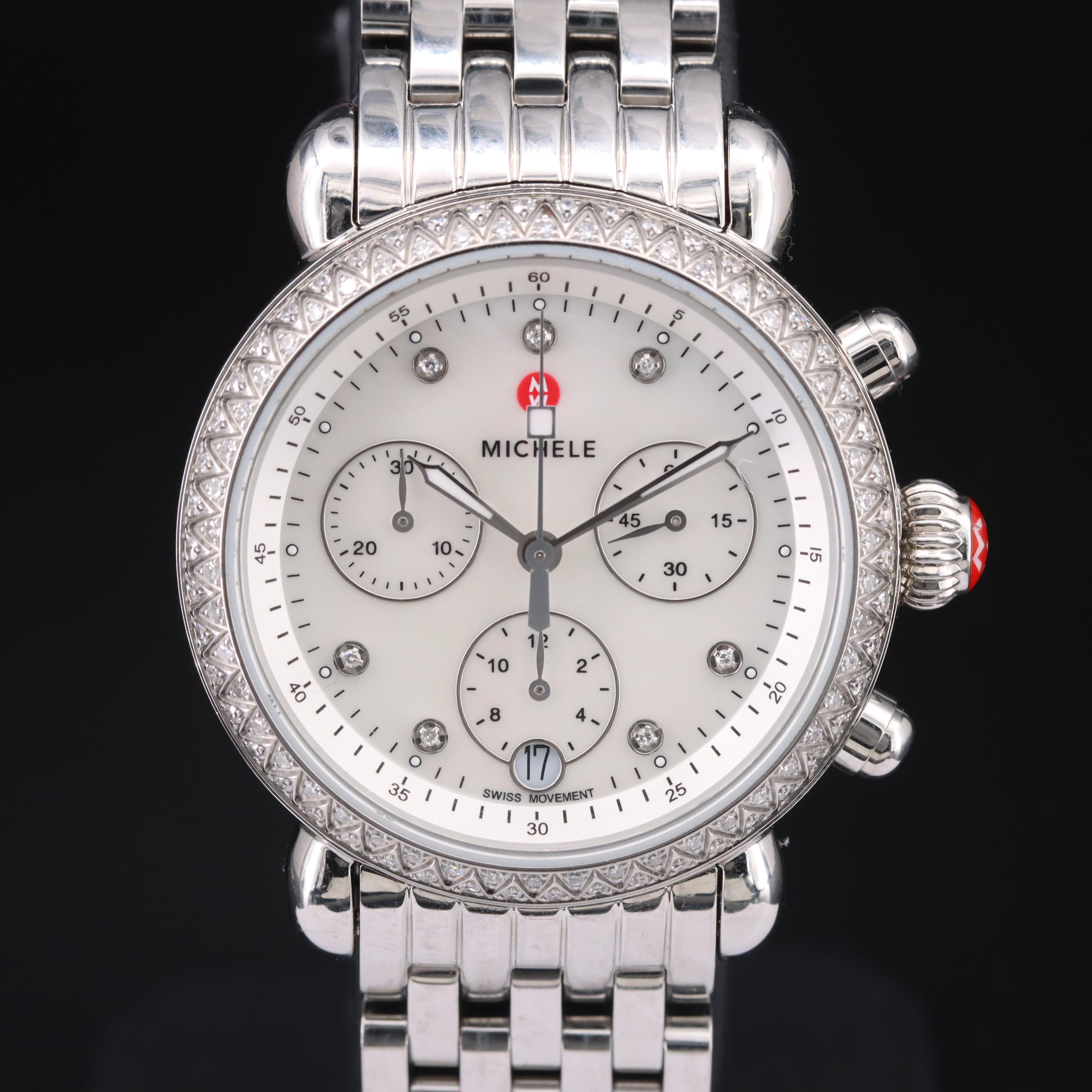 Michele Mother-of-Pearl, Diamond Dial and Bezel Chronograph Watch