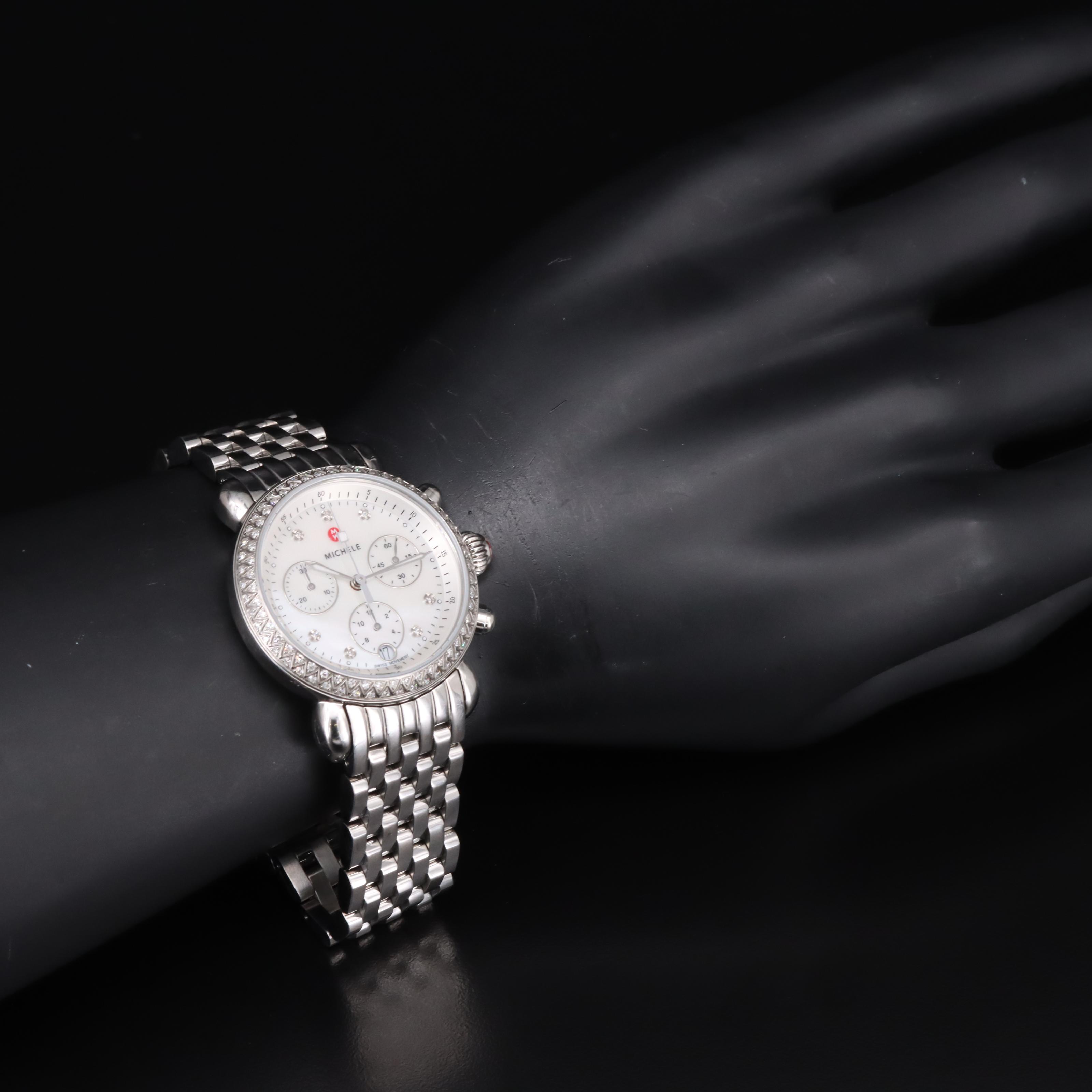 Michele Mother-of-Pearl, Diamond Dial and Bezel Chronograph Watch