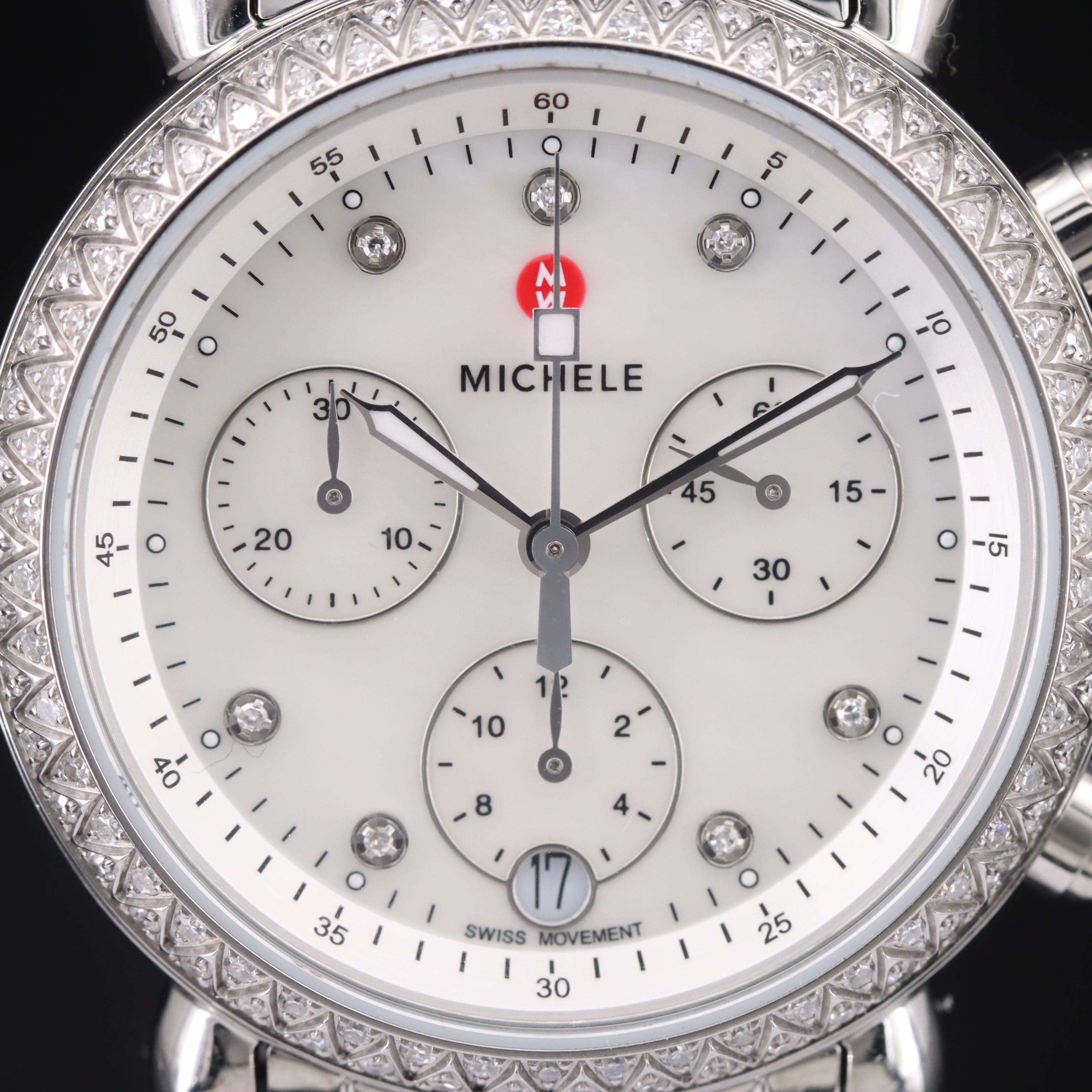Michele Mother-of-Pearl, Diamond Dial and Bezel Chronograph Watch