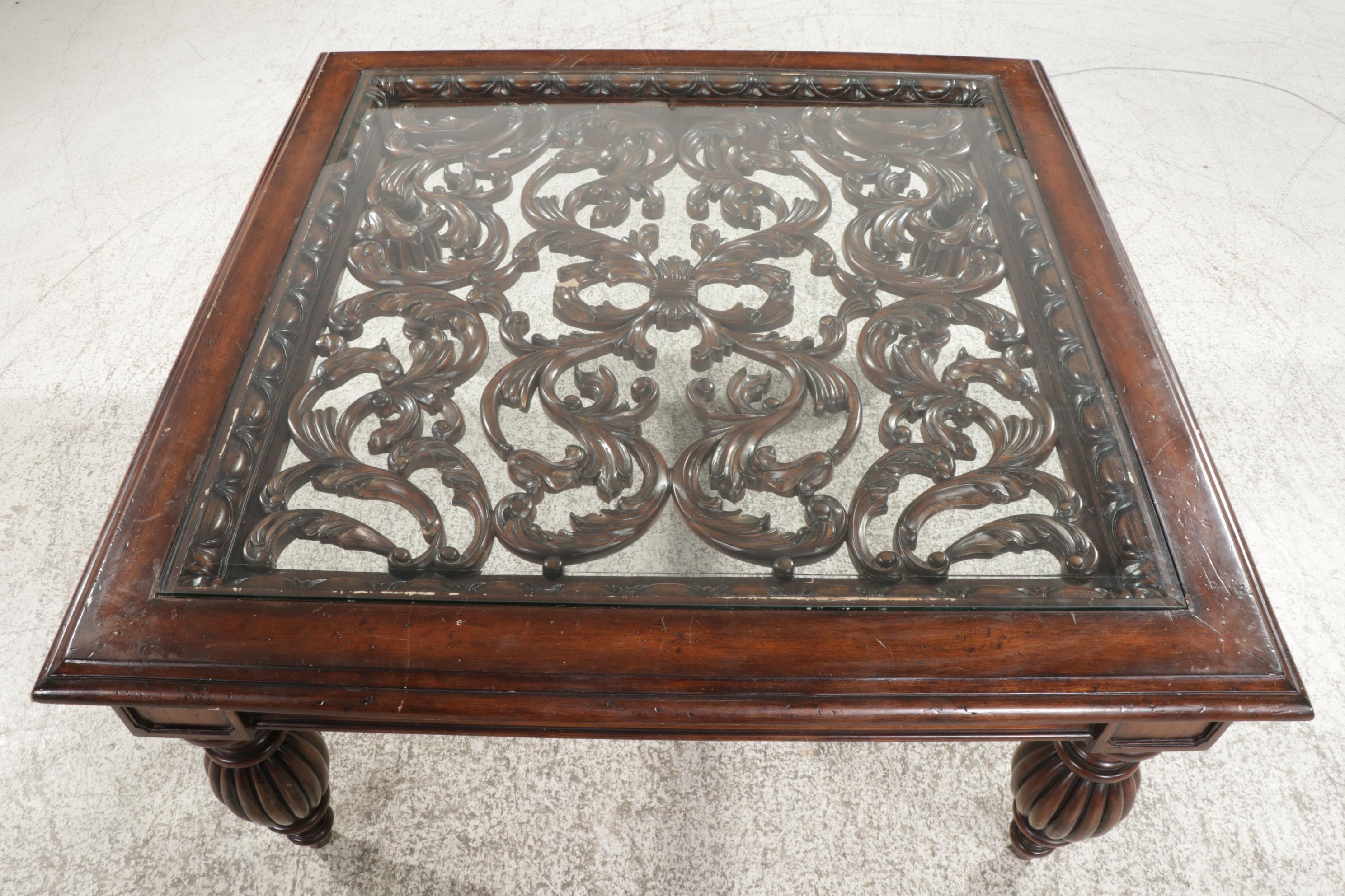 Mediterranean Style Fruitwood-Stained and Glass Top Cocktail Table