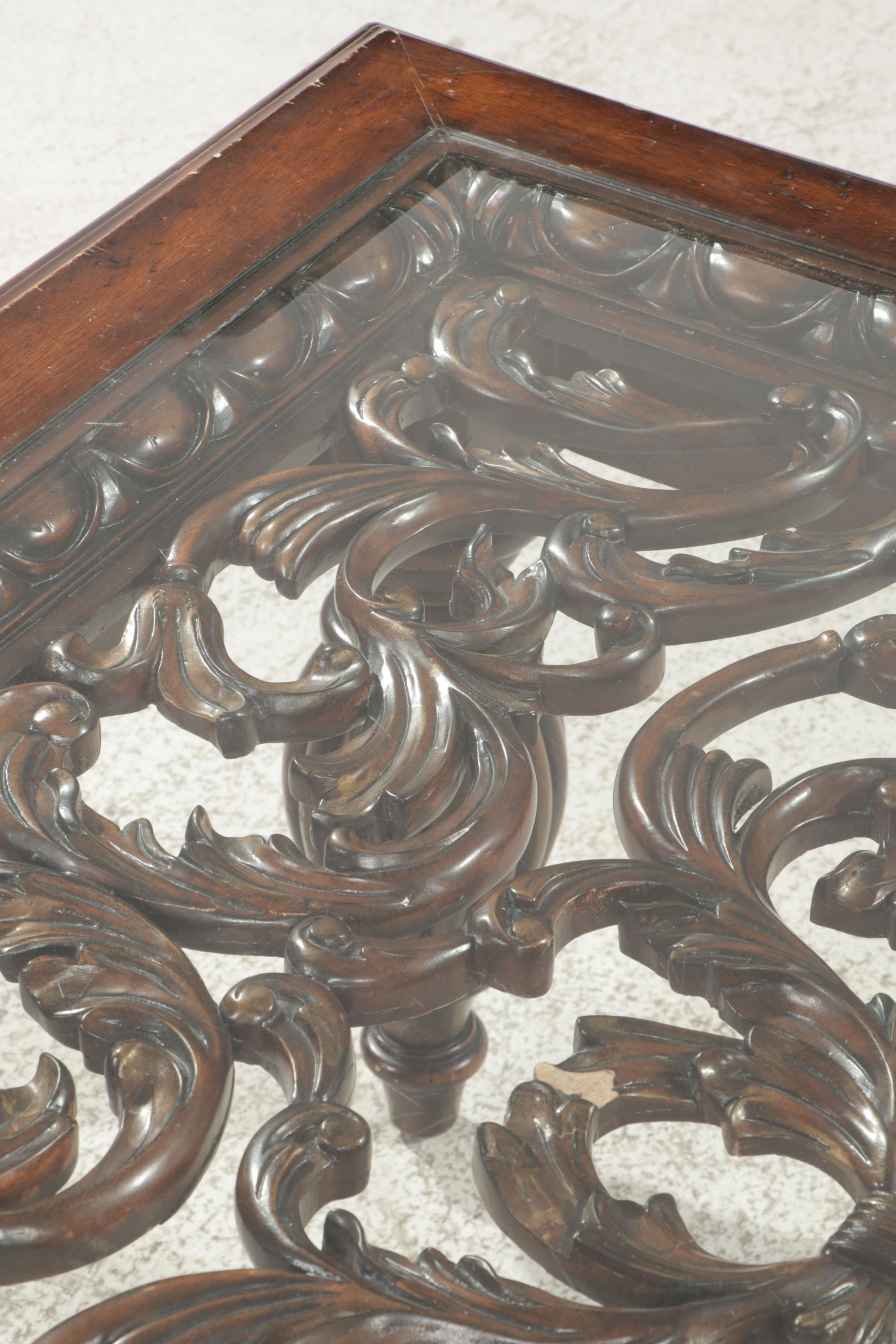 Mediterranean Style Fruitwood-Stained and Glass Top Cocktail Table