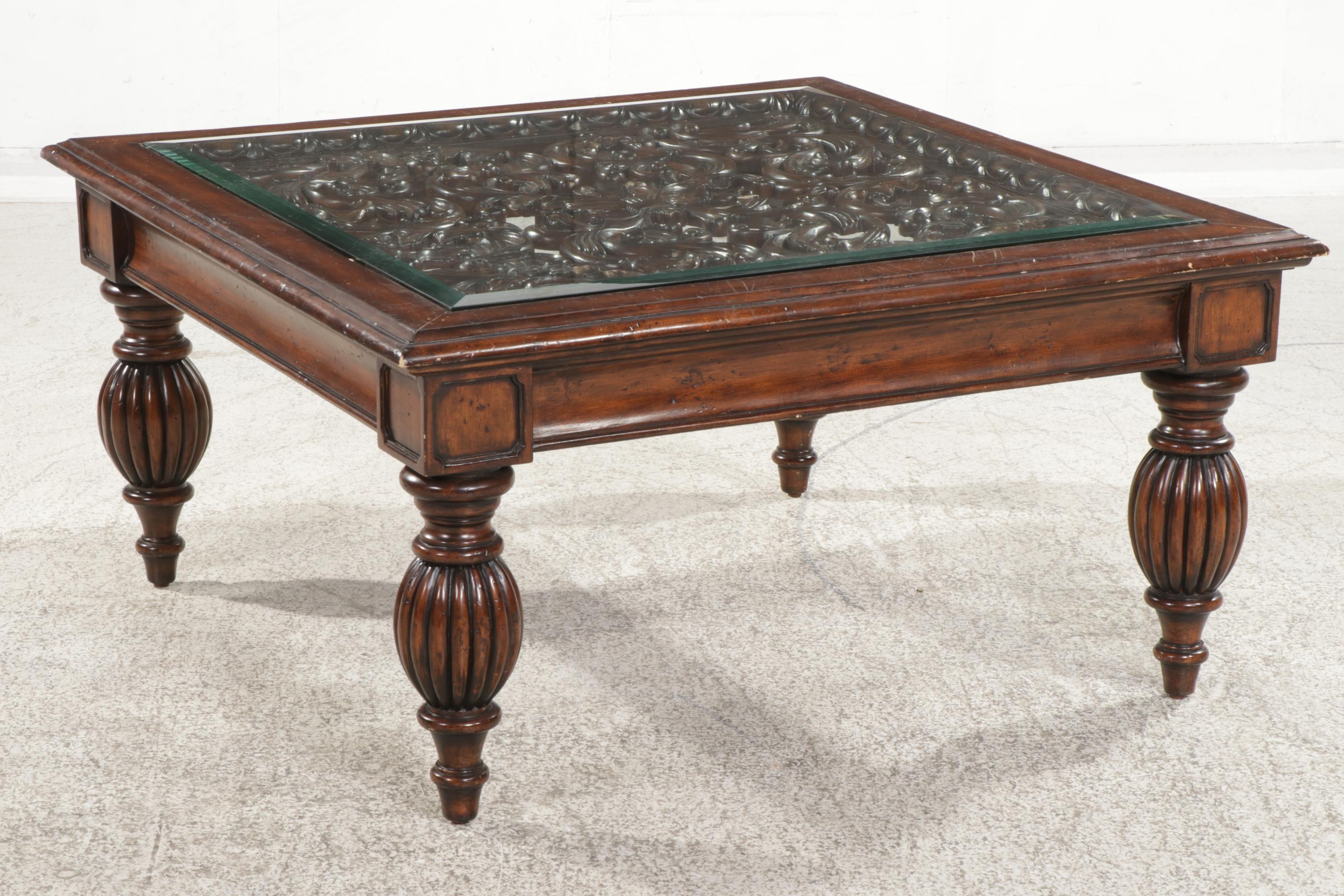 Mediterranean Style Fruitwood-Stained and Glass Top Cocktail Table