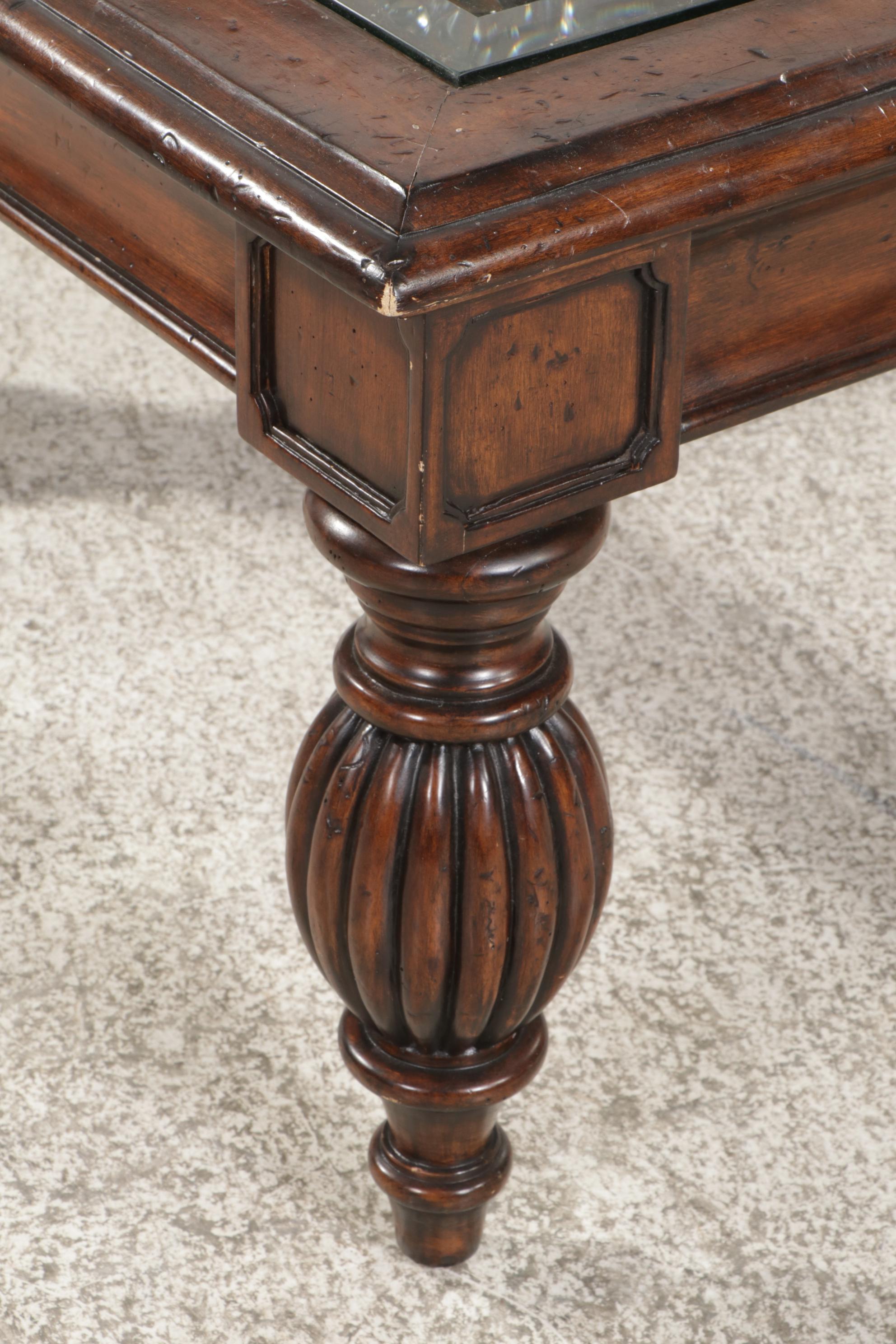 Mediterranean Style Fruitwood-Stained and Glass Top Cocktail Table