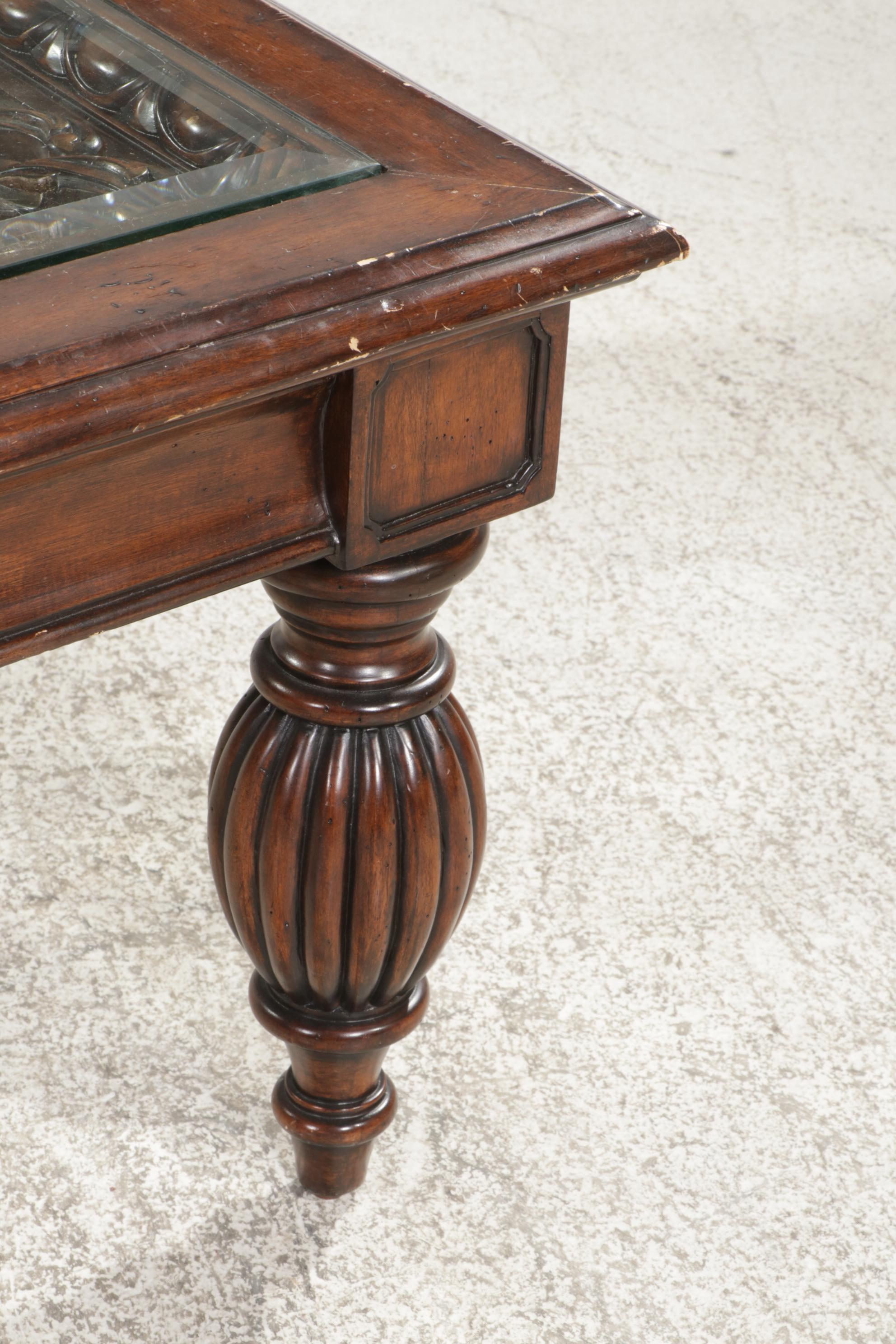 Mediterranean Style Fruitwood-Stained and Glass Top Cocktail Table