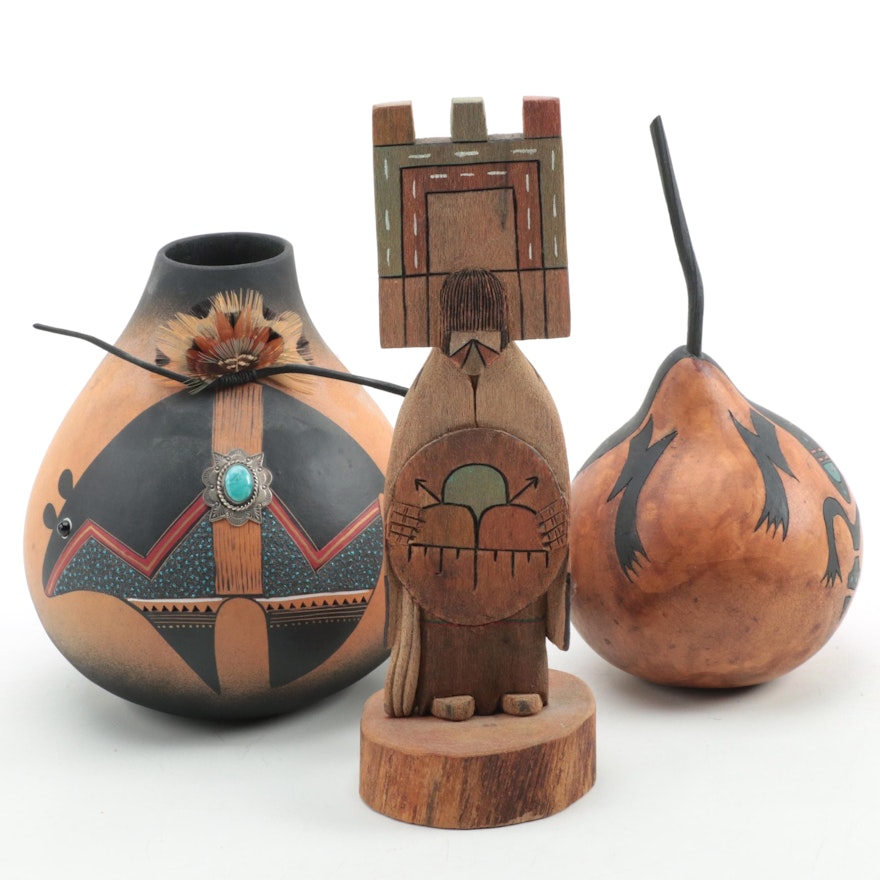 Hopi Palhik Mana Sculpture and Decorated Gourds