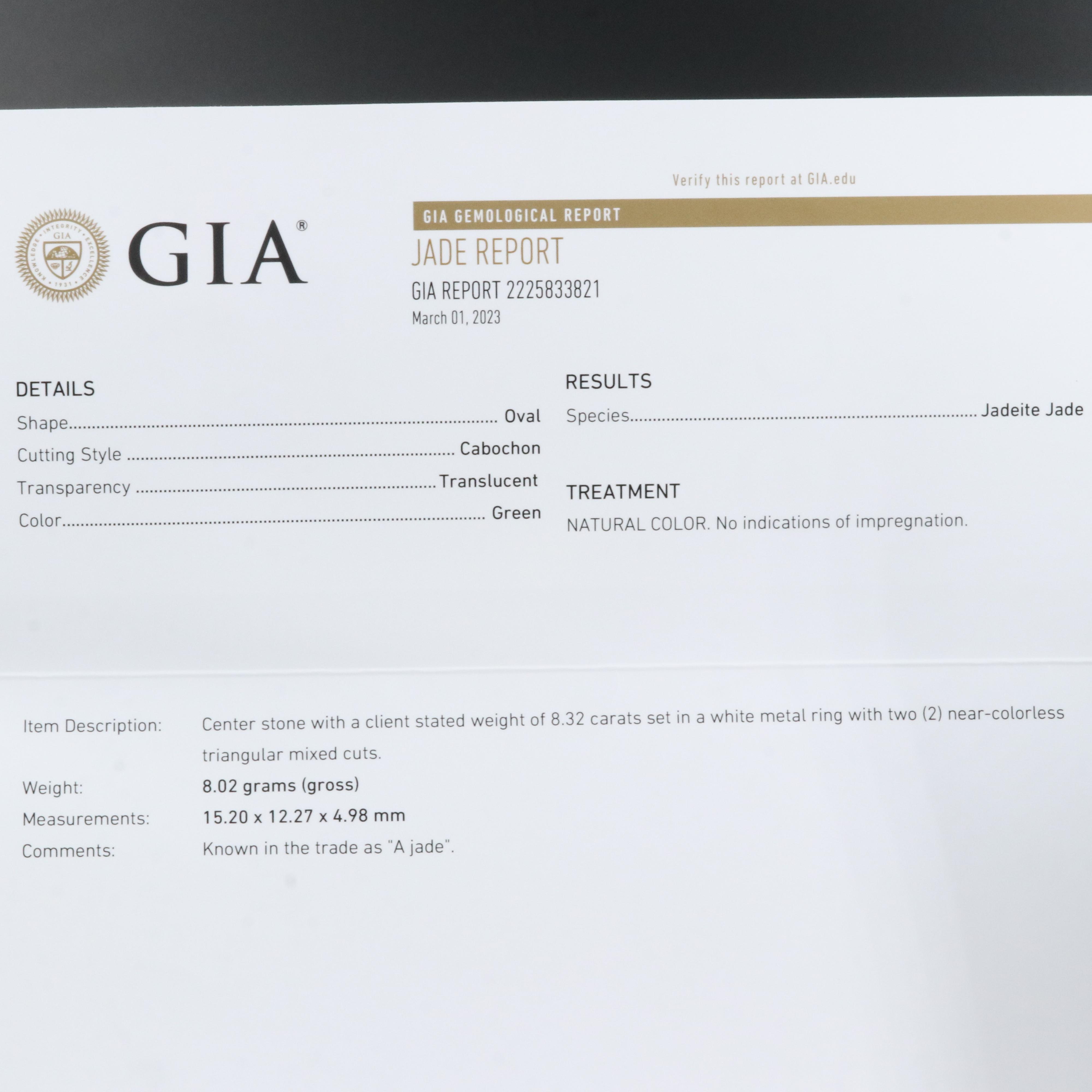 Platinum Jadeite and Diamond Ring with GIA Report