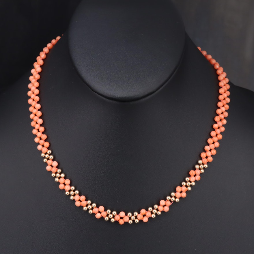 14K Coral Woven Beaded Necklace