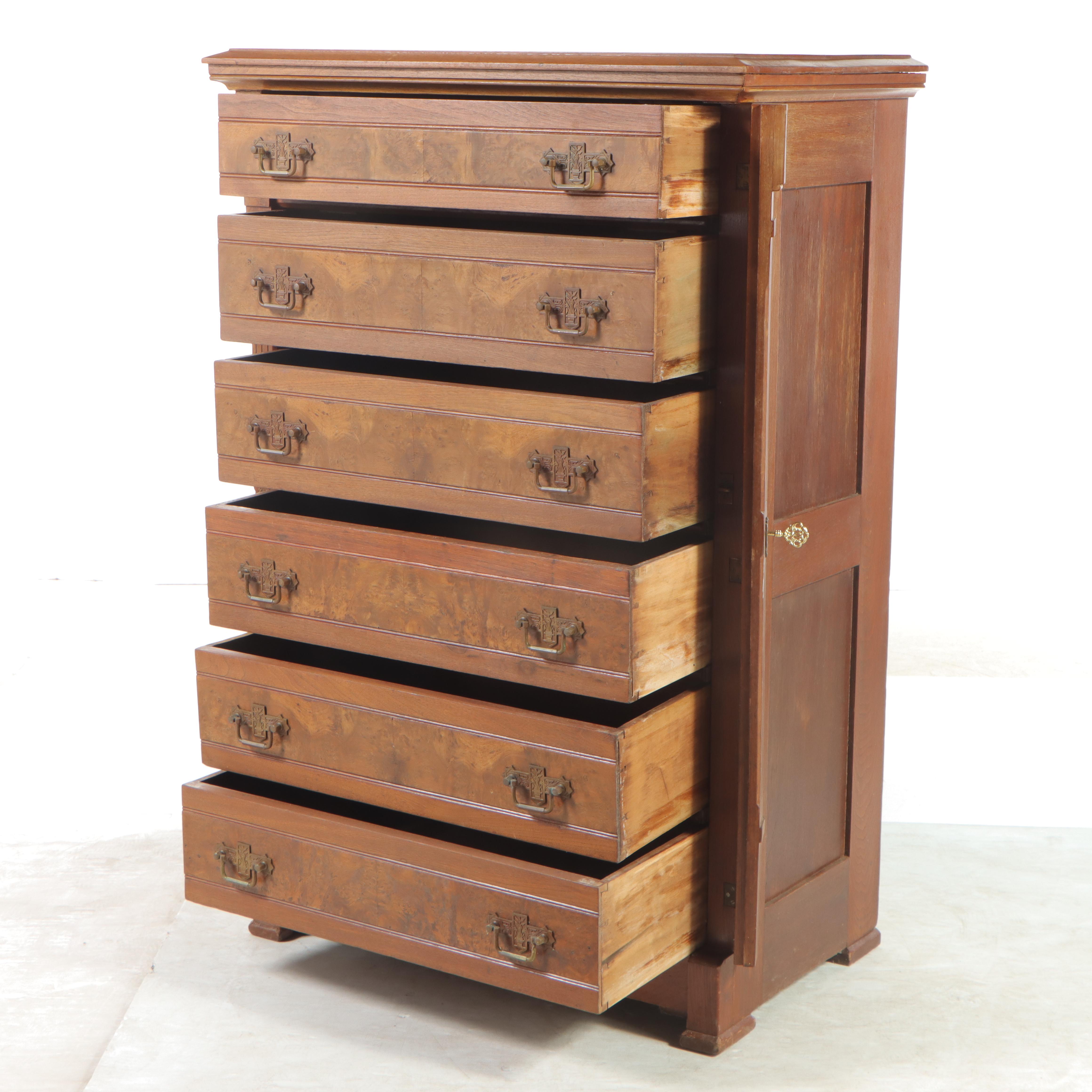 Victorian Walnut and Burl Walnut Six-Drawer Side-Lock Chest, Late 19th Century