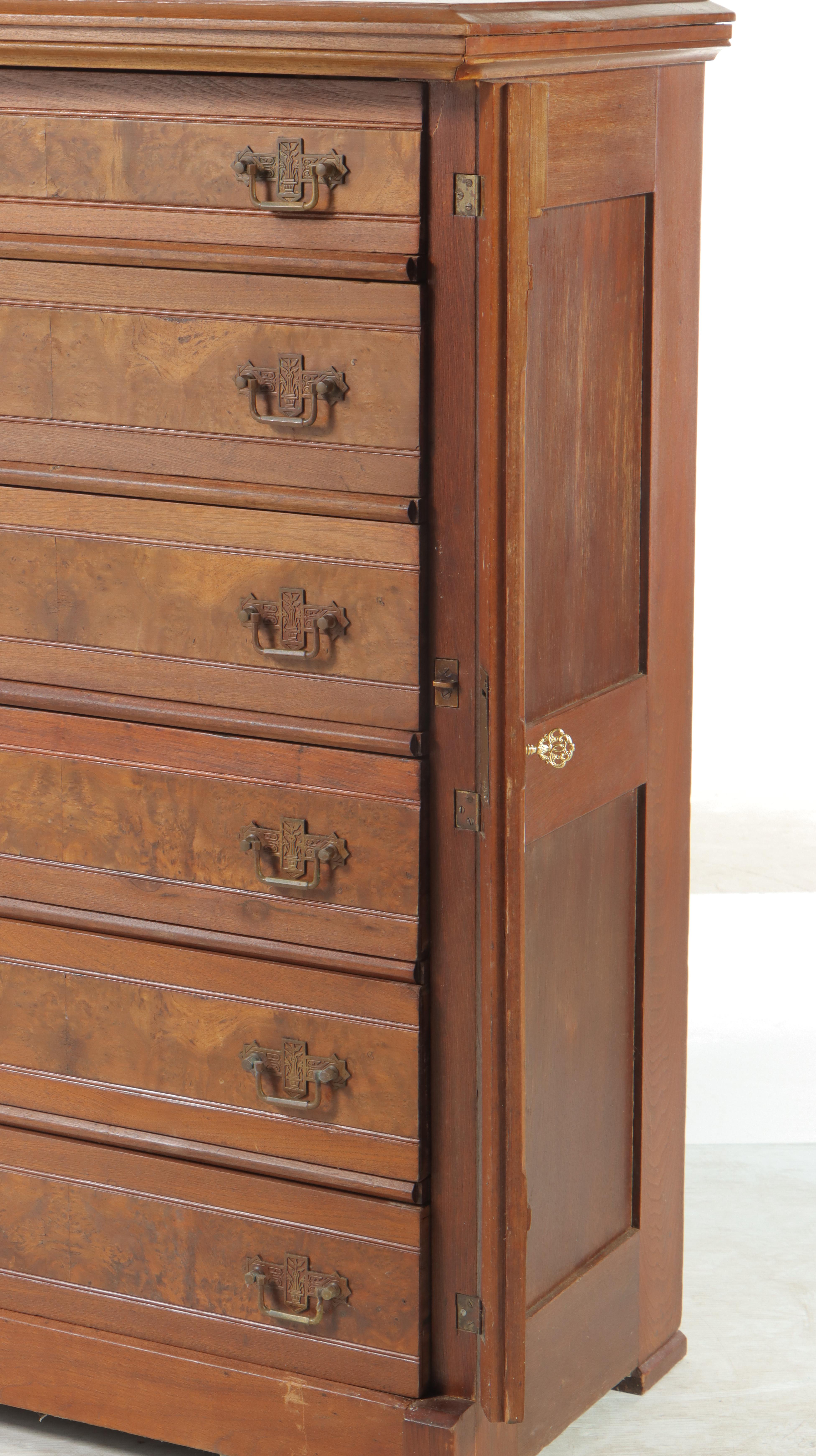 Victorian Walnut and Burl Walnut Six-Drawer Side-Lock Chest, Late 19th Century