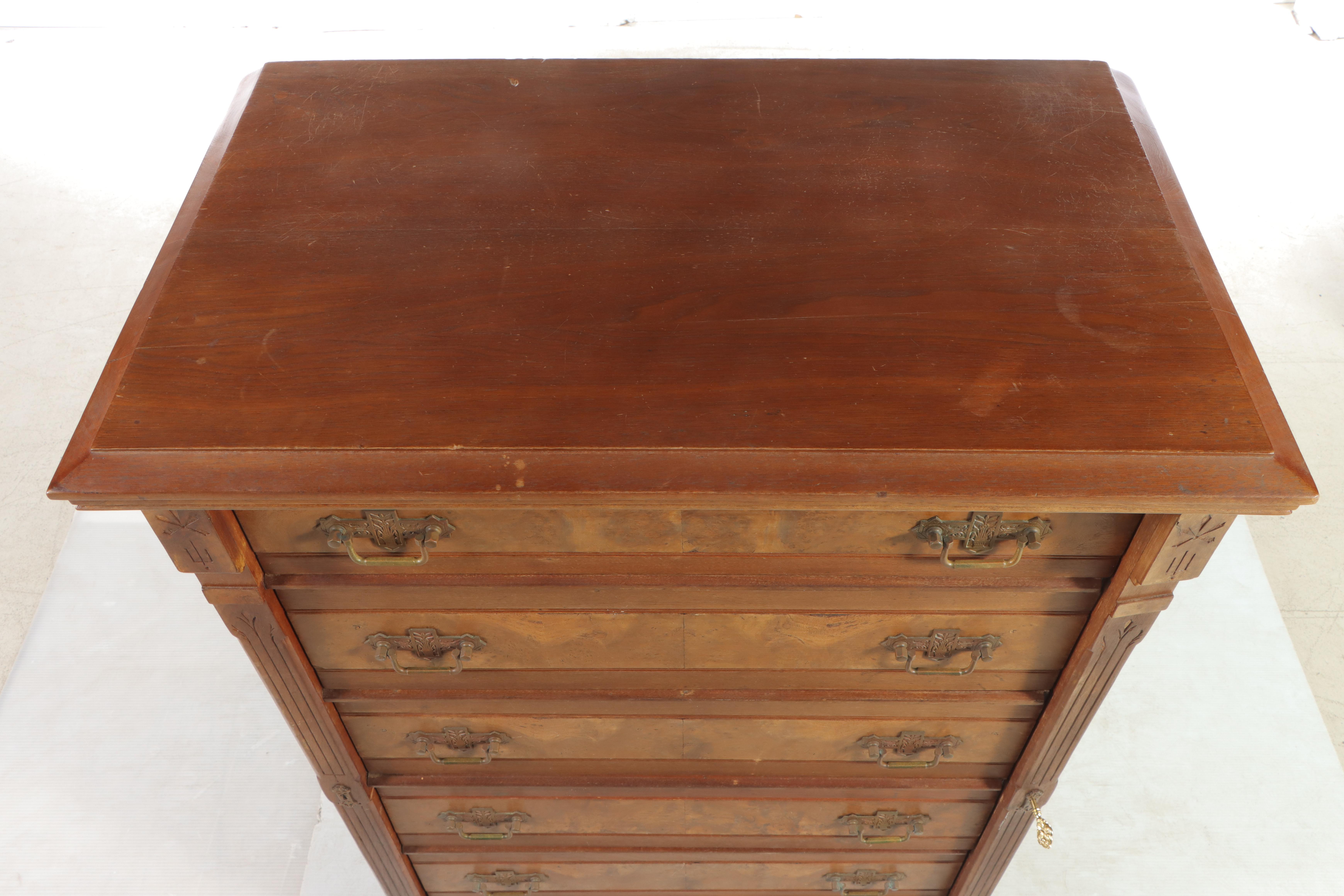 Victorian Walnut and Burl Walnut Six-Drawer Side-Lock Chest, Late 19th Century