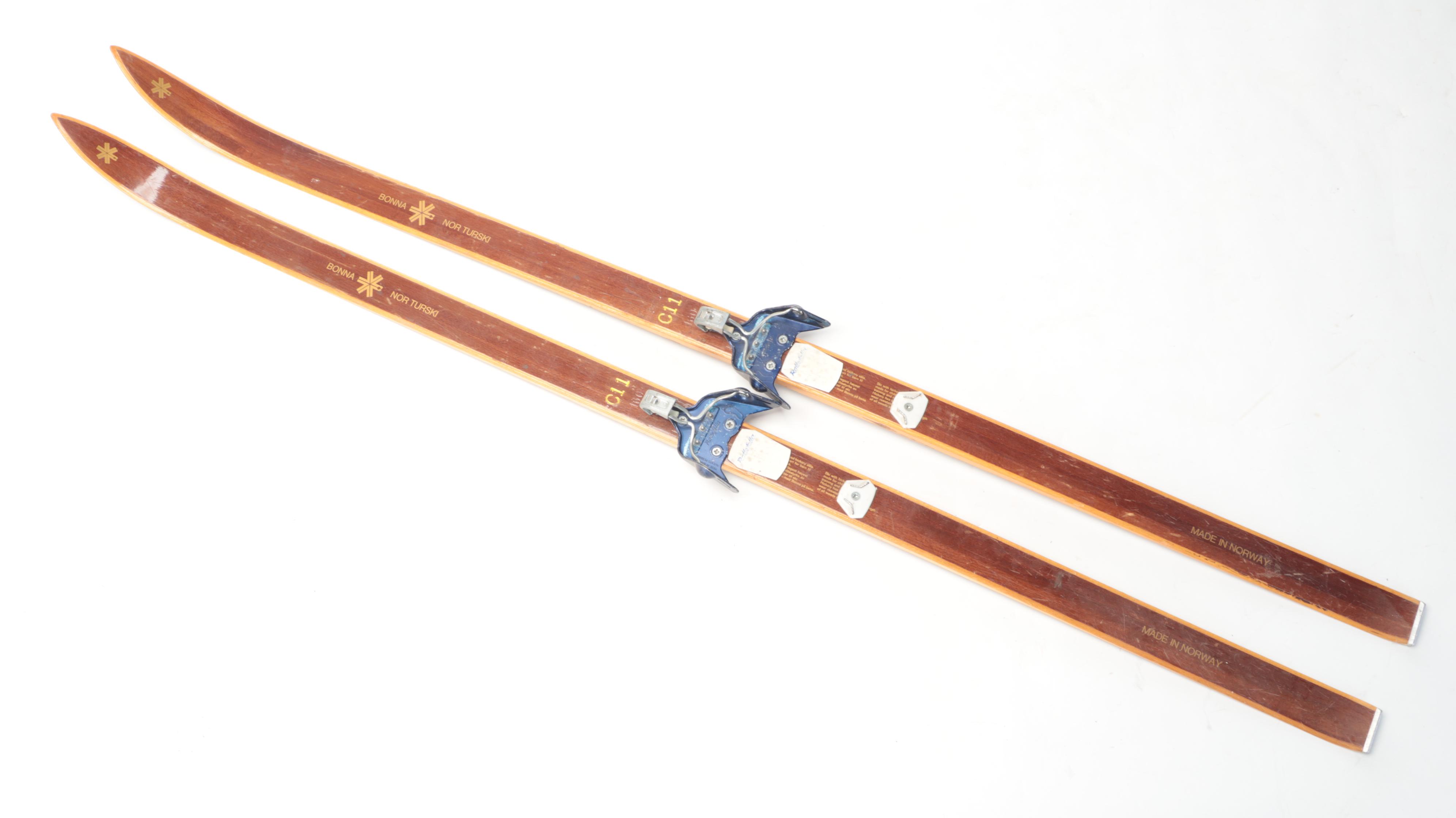 Bonna "Nor Turski" Wooden Downhill Skis With Ski Poles, Mid-20th Century
