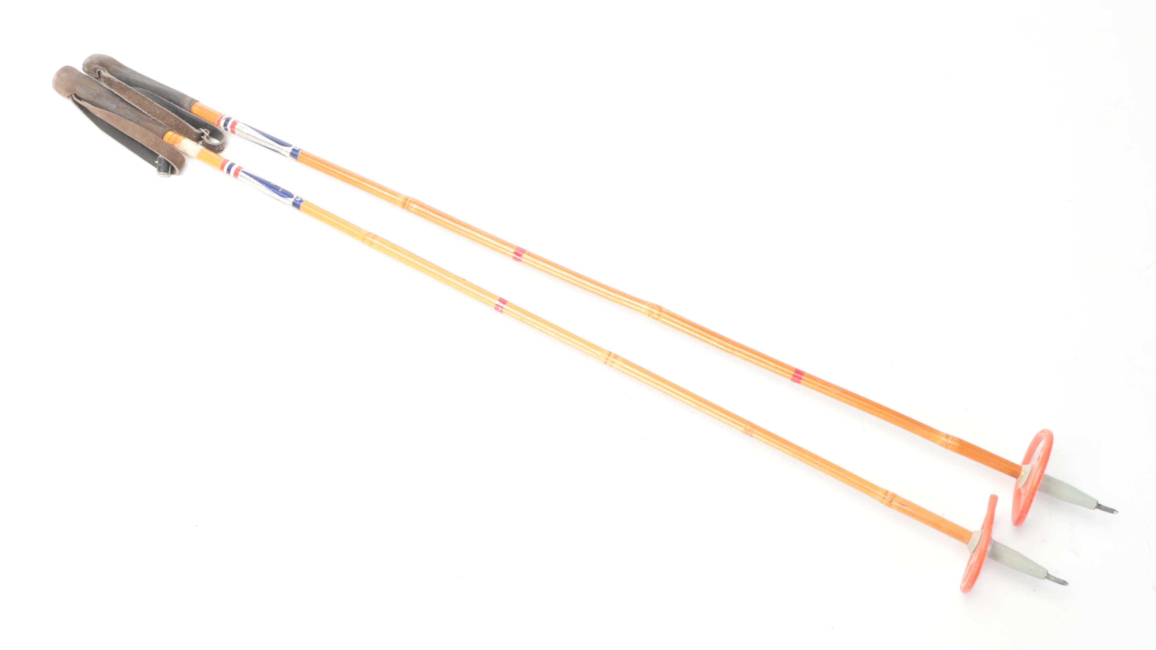 Bonna "Nor Turski" Wooden Downhill Skis With Ski Poles, Mid-20th Century