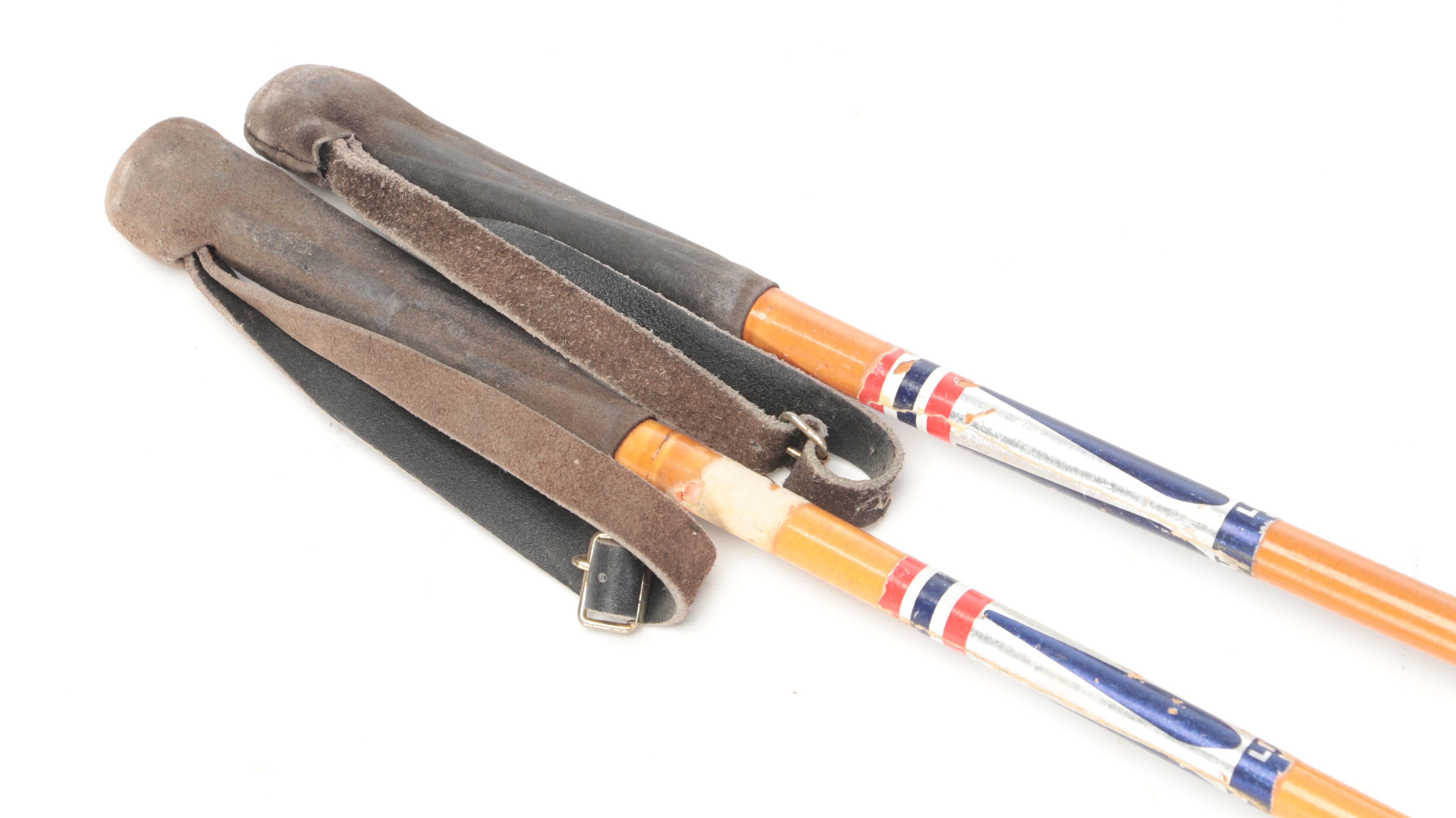 Bonna "Nor Turski" Wooden Downhill Skis With Ski Poles, Mid-20th Century