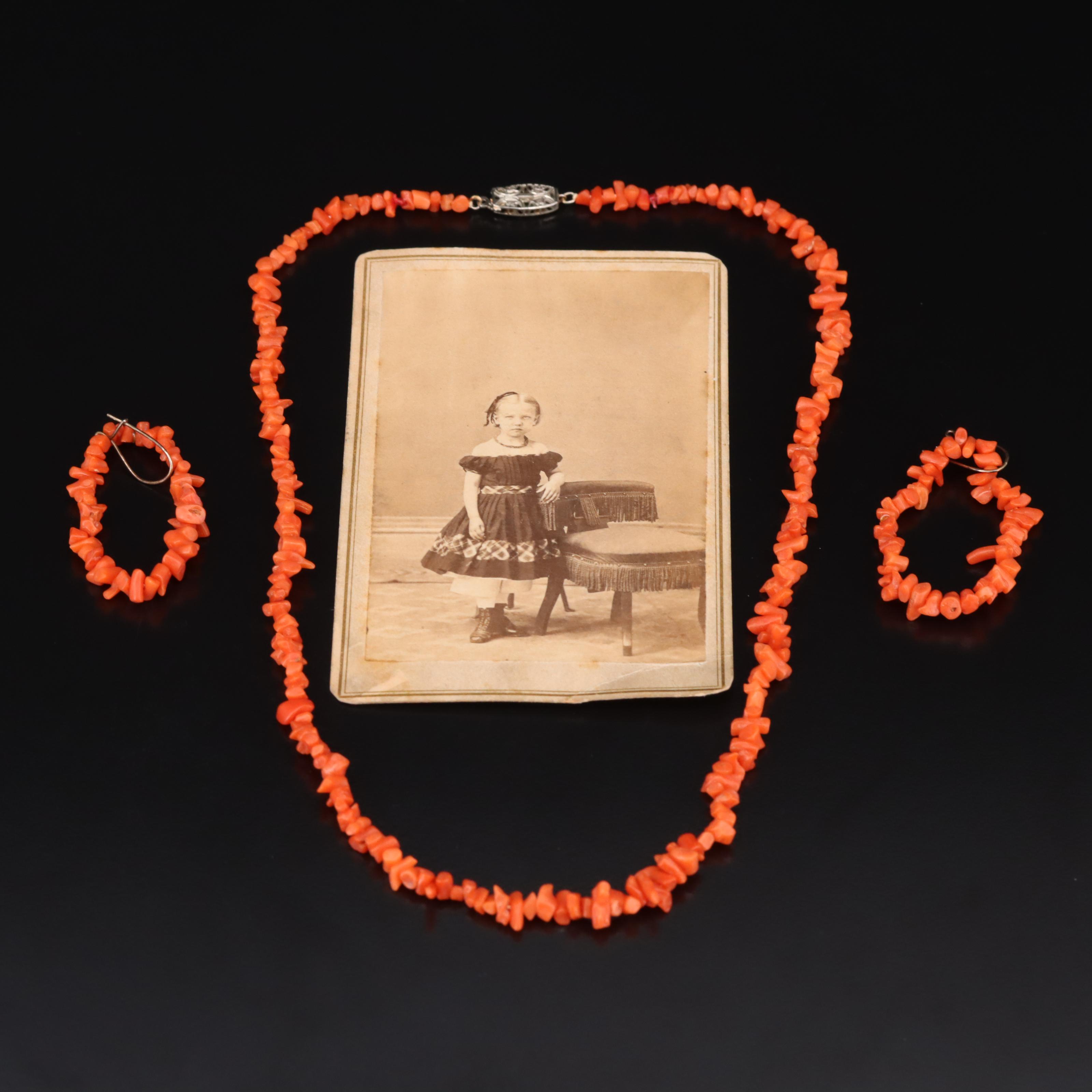 Coral Necklace Necklace with 14K Clasp and Hoop Earrings