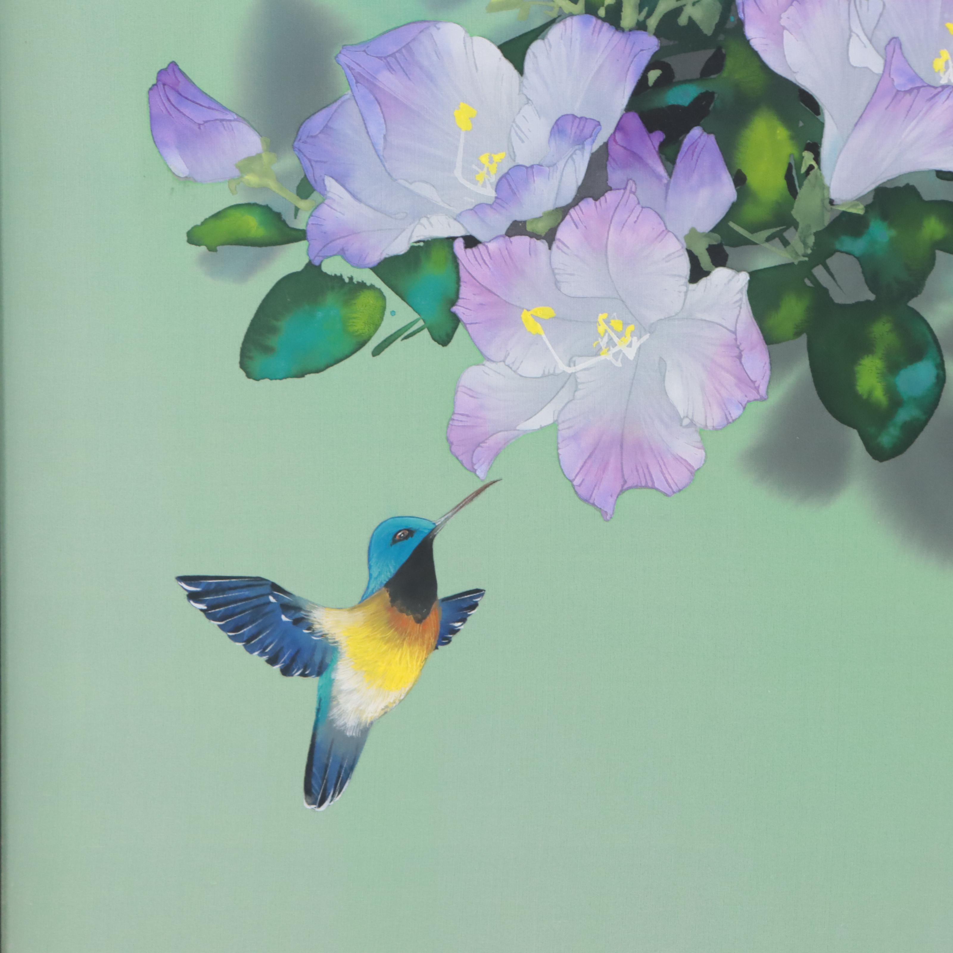 David Lee Watercolor Painting of Blossoming Tree and Hummingbird