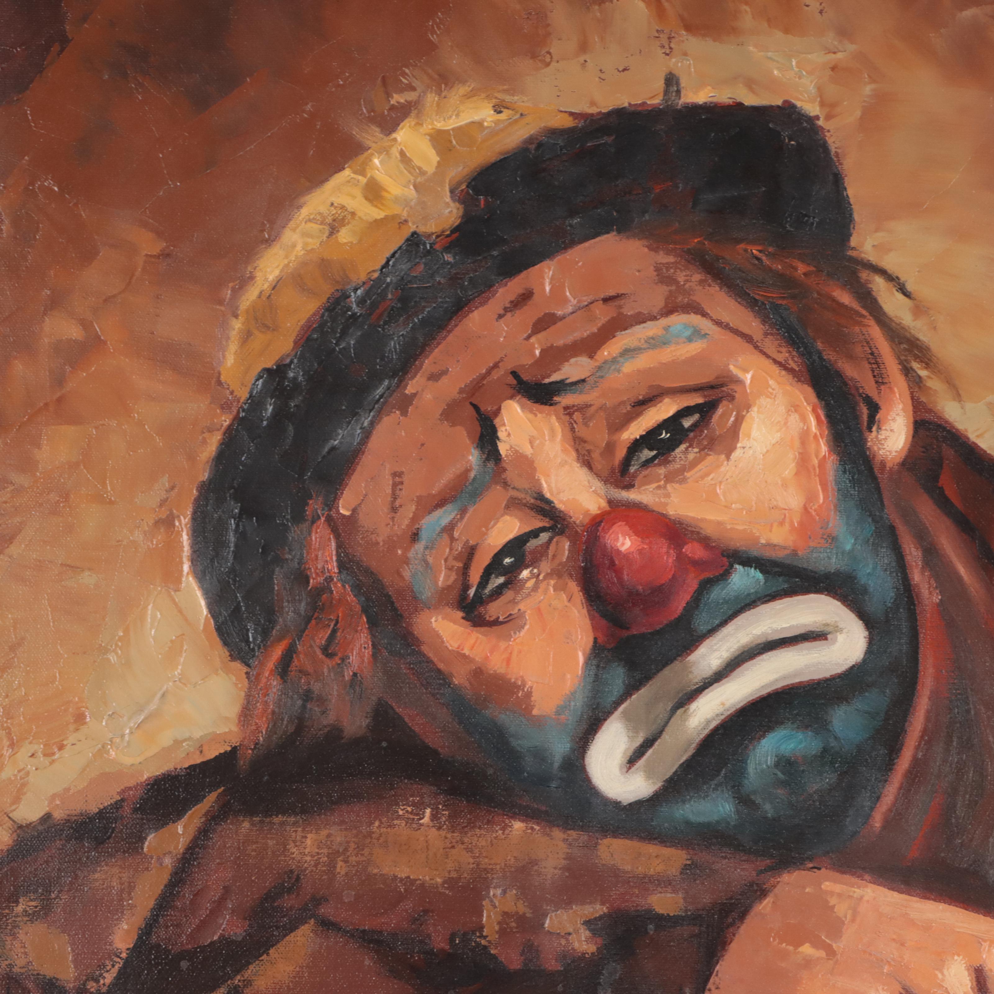 Jon Holland Portrait Oil Painting of Sad Clown, Late 20th Century