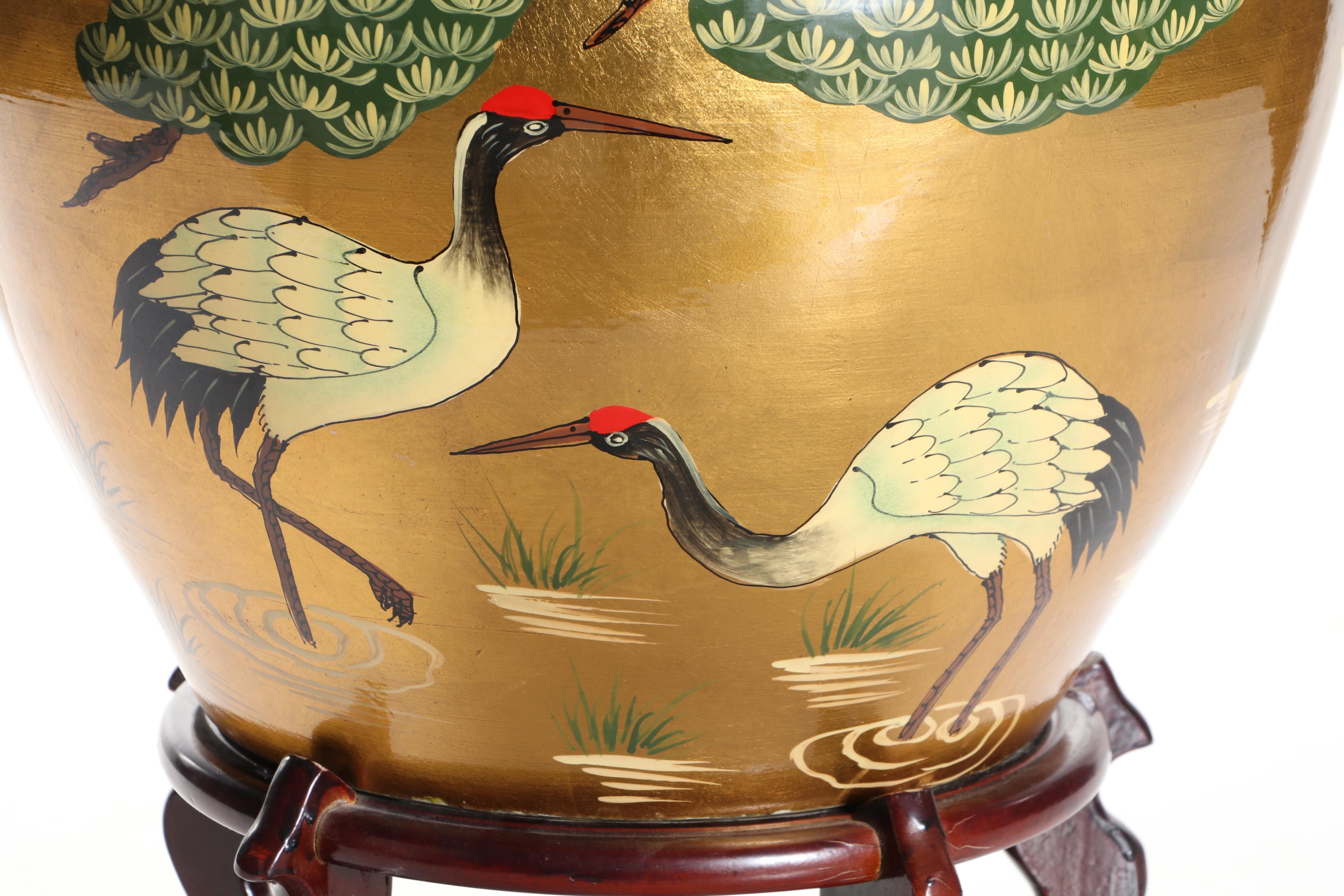 Gilt Lacquered Crane Motif Porcelain Fishbowl Planter and Stand