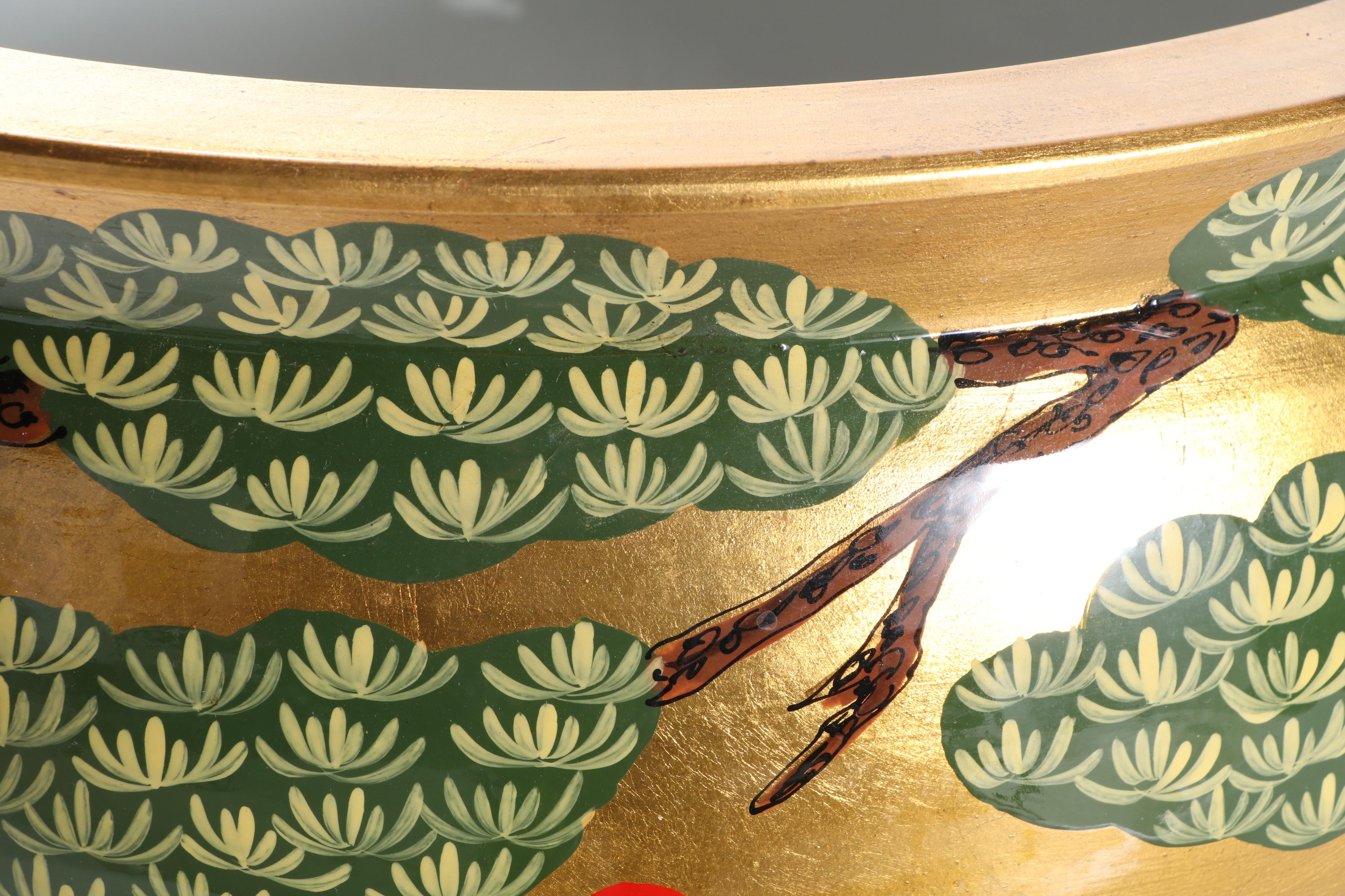 Gilt Lacquered Crane Motif Porcelain Fishbowl Planter and Stand