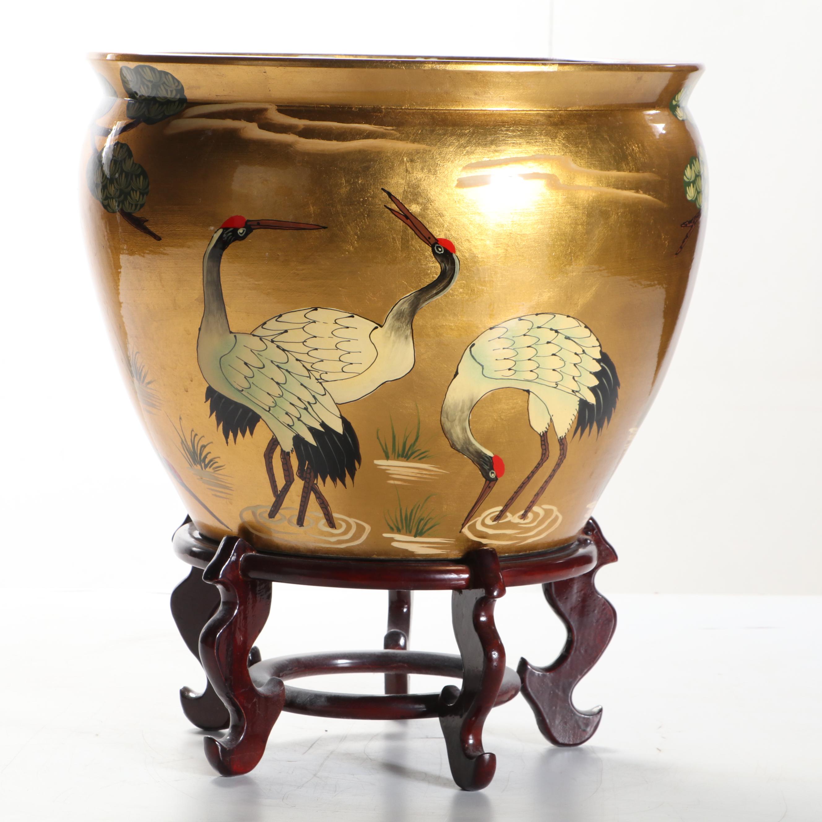 Gilt Lacquered Crane Motif Porcelain Fishbowl Planter and Stand