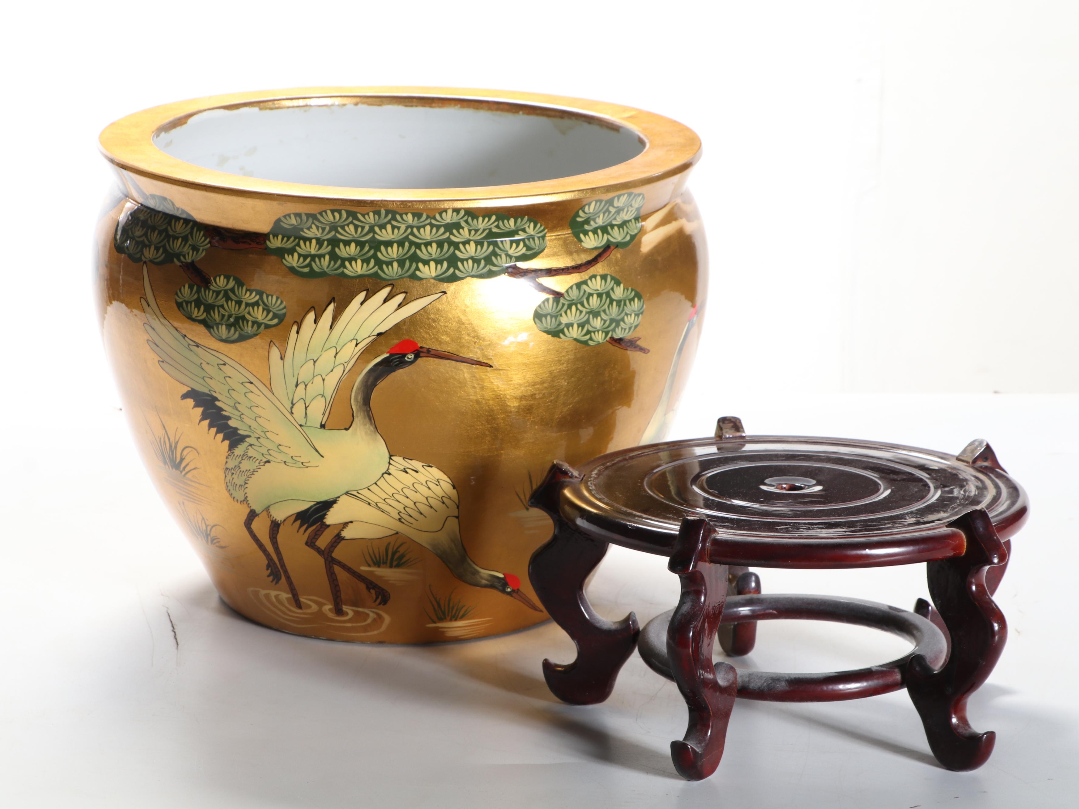 Gilt Lacquered Crane Motif Porcelain Fishbowl Planter and Stand