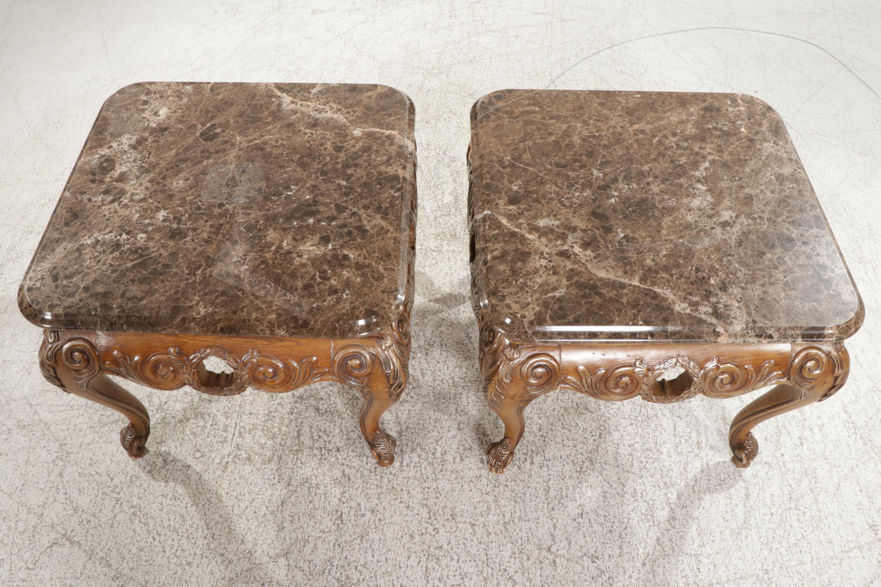 Pair of Henredon French Provincial Style Carved Oak and Marble-Top Side Tables