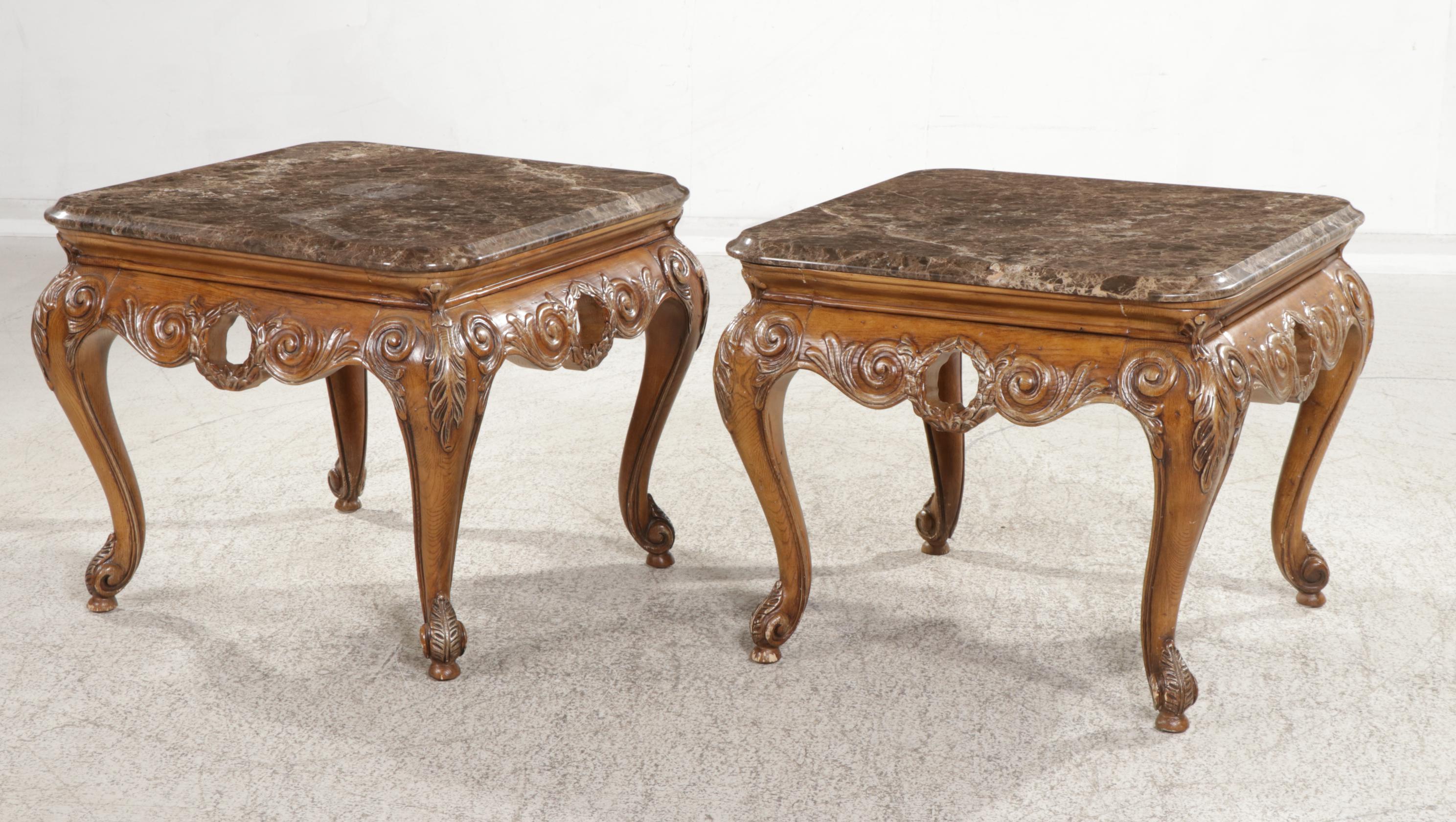 Pair of Henredon French Provincial Style Carved Oak and Marble-Top Side Tables