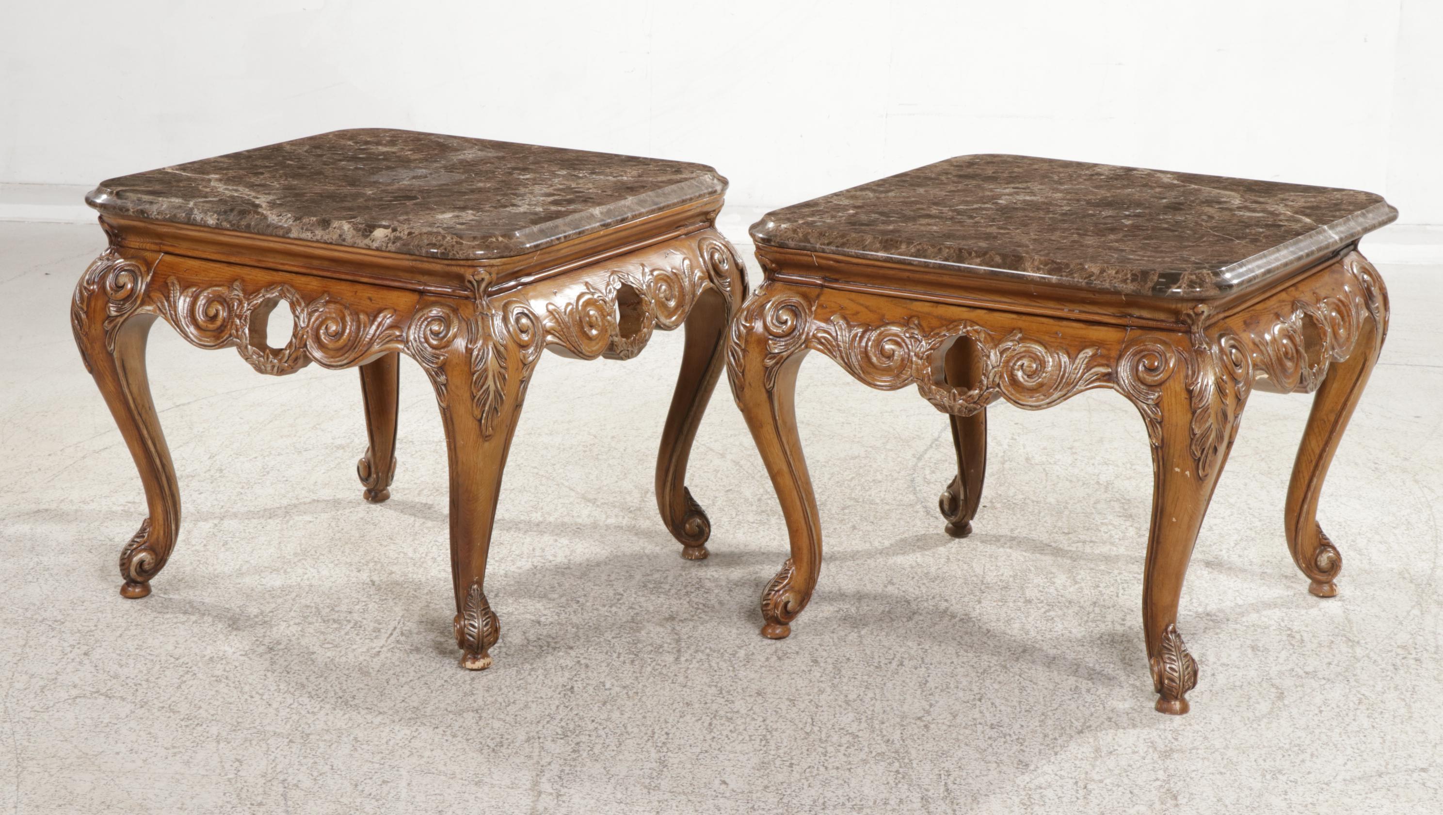 Pair of Henredon French Provincial Style Carved Oak and Marble-Top Side Tables