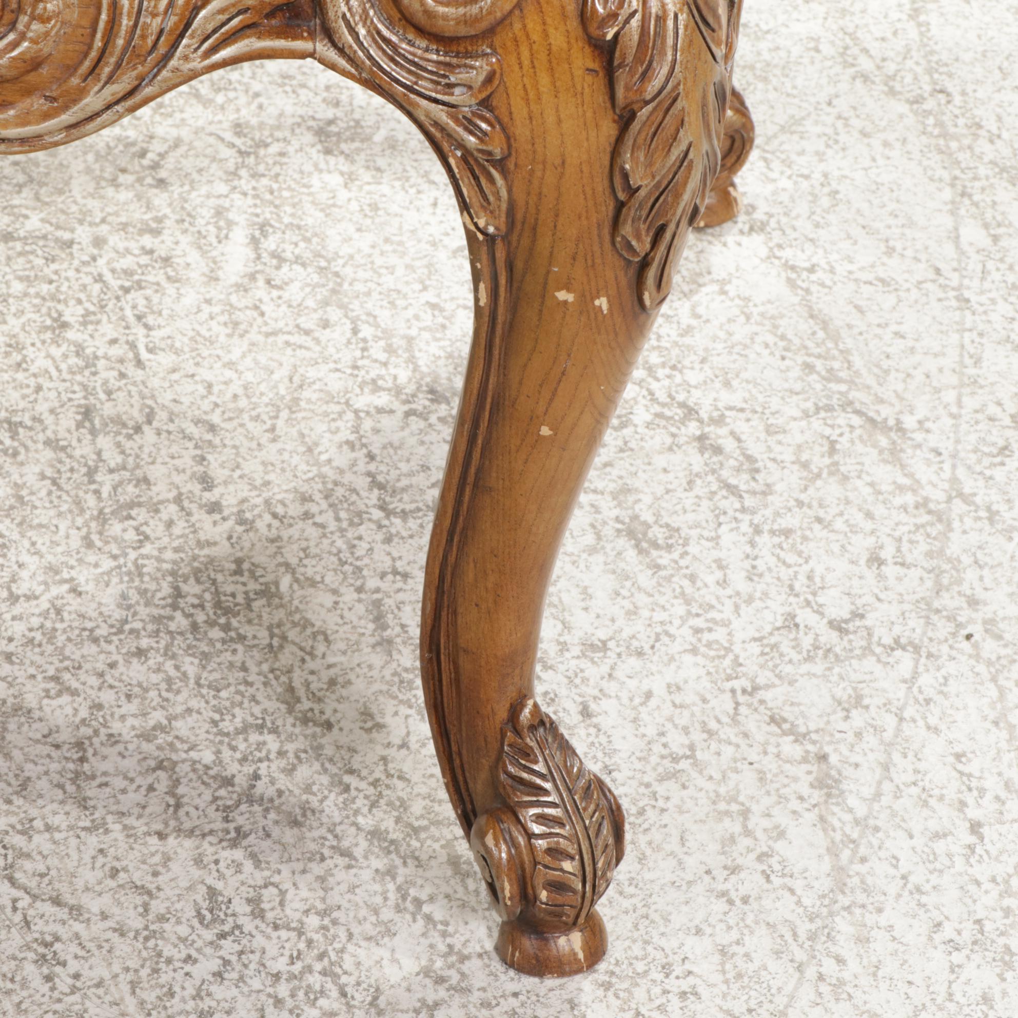 Pair of Henredon French Provincial Style Carved Oak and Marble-Top Side Tables