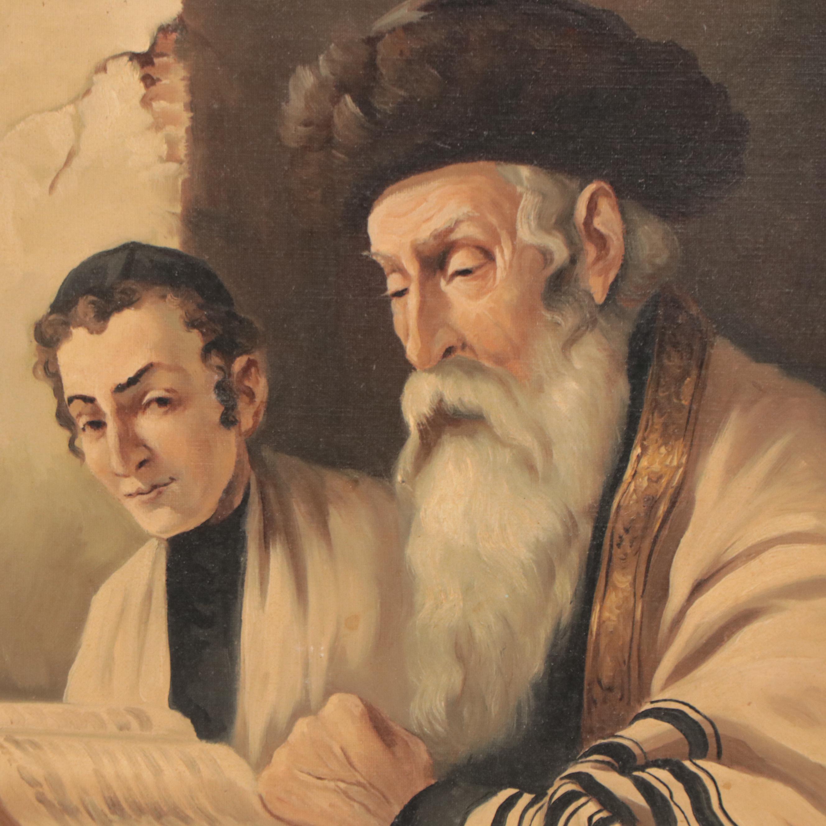 E. Kohner Oil Painting of Rabbi Teaching Boys, Late 20th Century