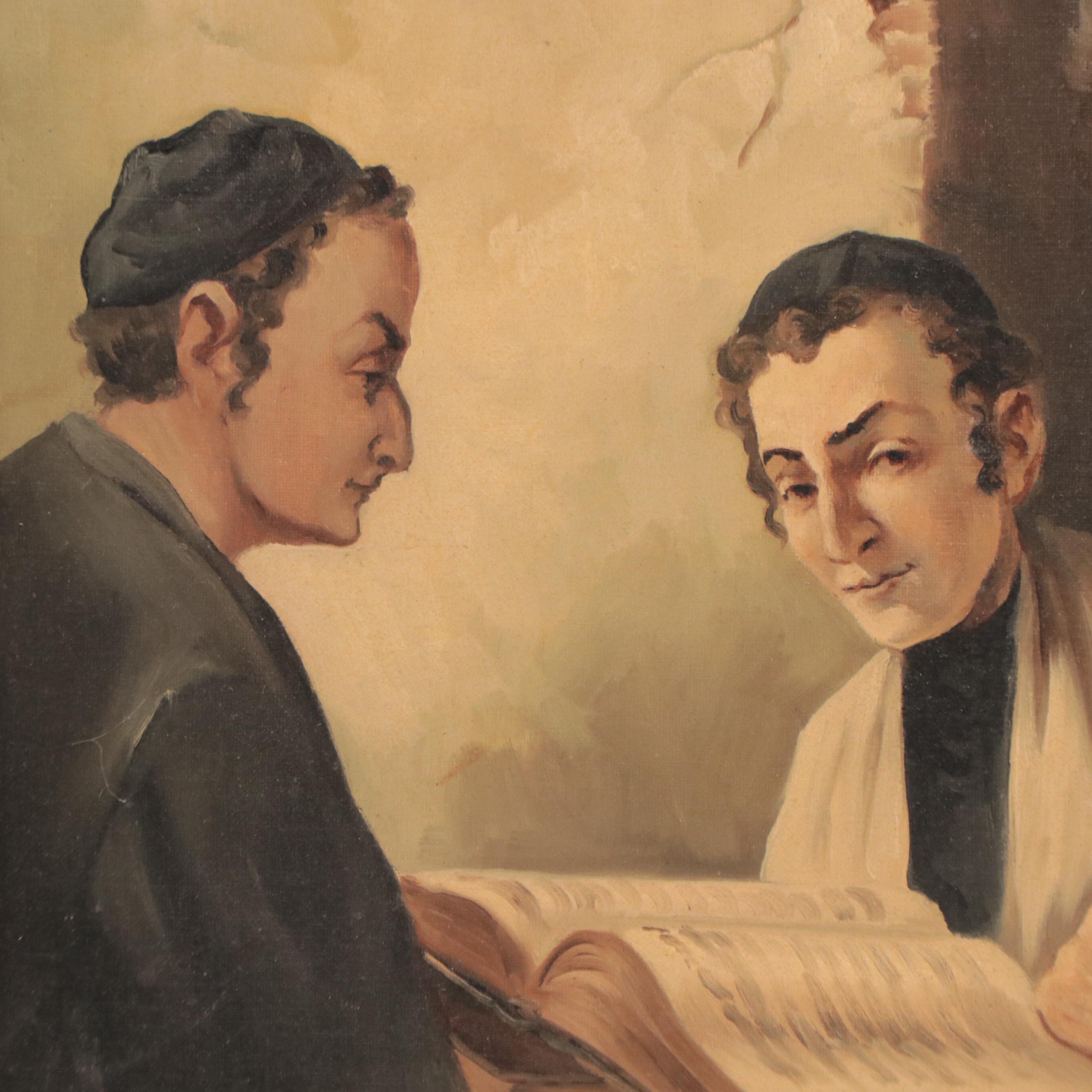 E. Kohner Oil Painting of Rabbi Teaching Boys, Late 20th Century