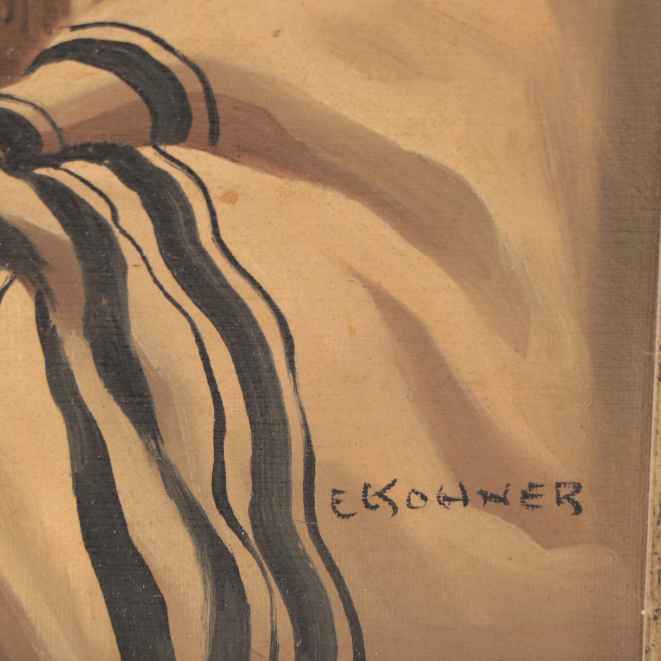 E. Kohner Oil Painting of Rabbi Teaching Boys, Late 20th Century