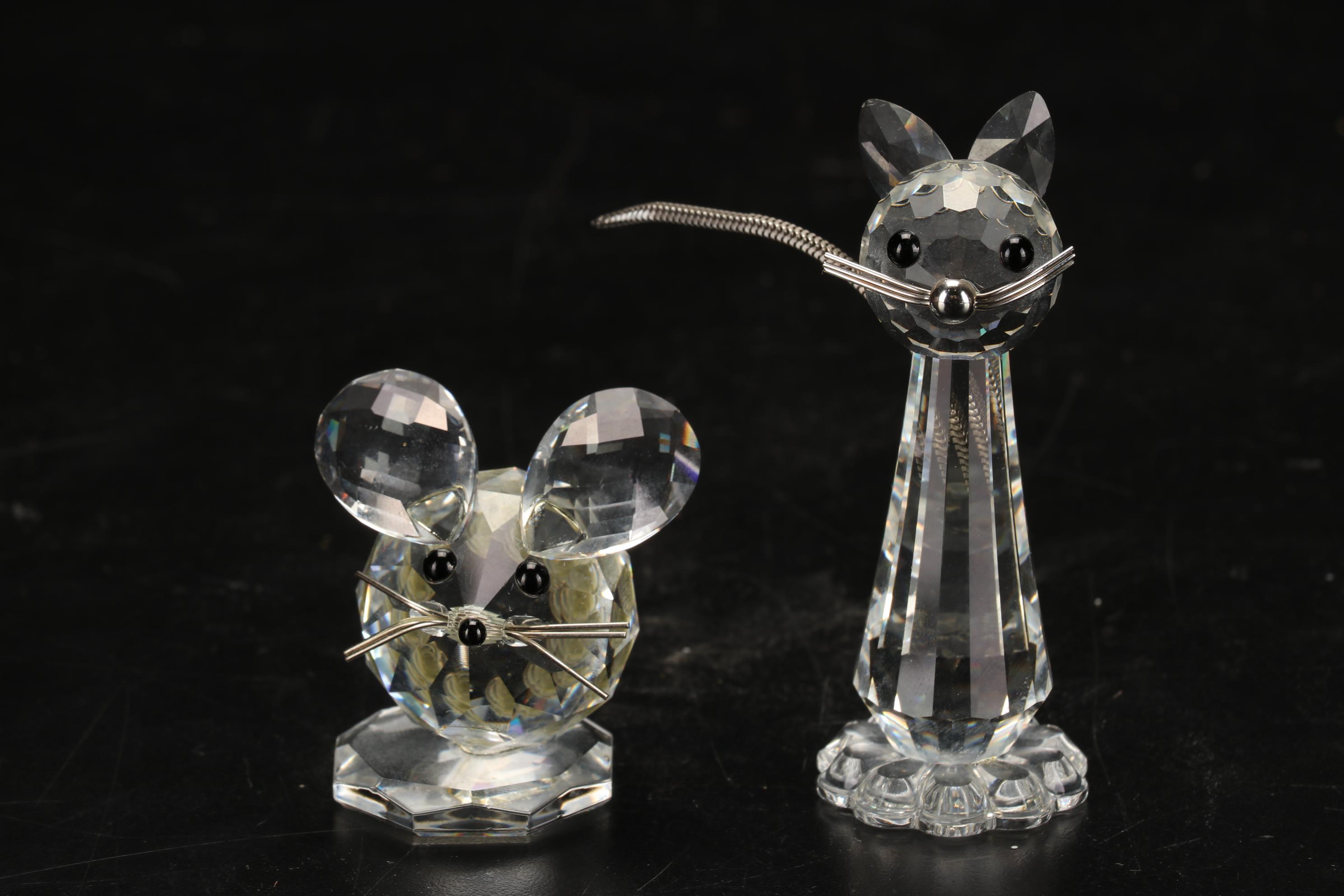 Swarovski Cat and Mouse Crystal Figurines with Polar Bear Musical Snow Globe