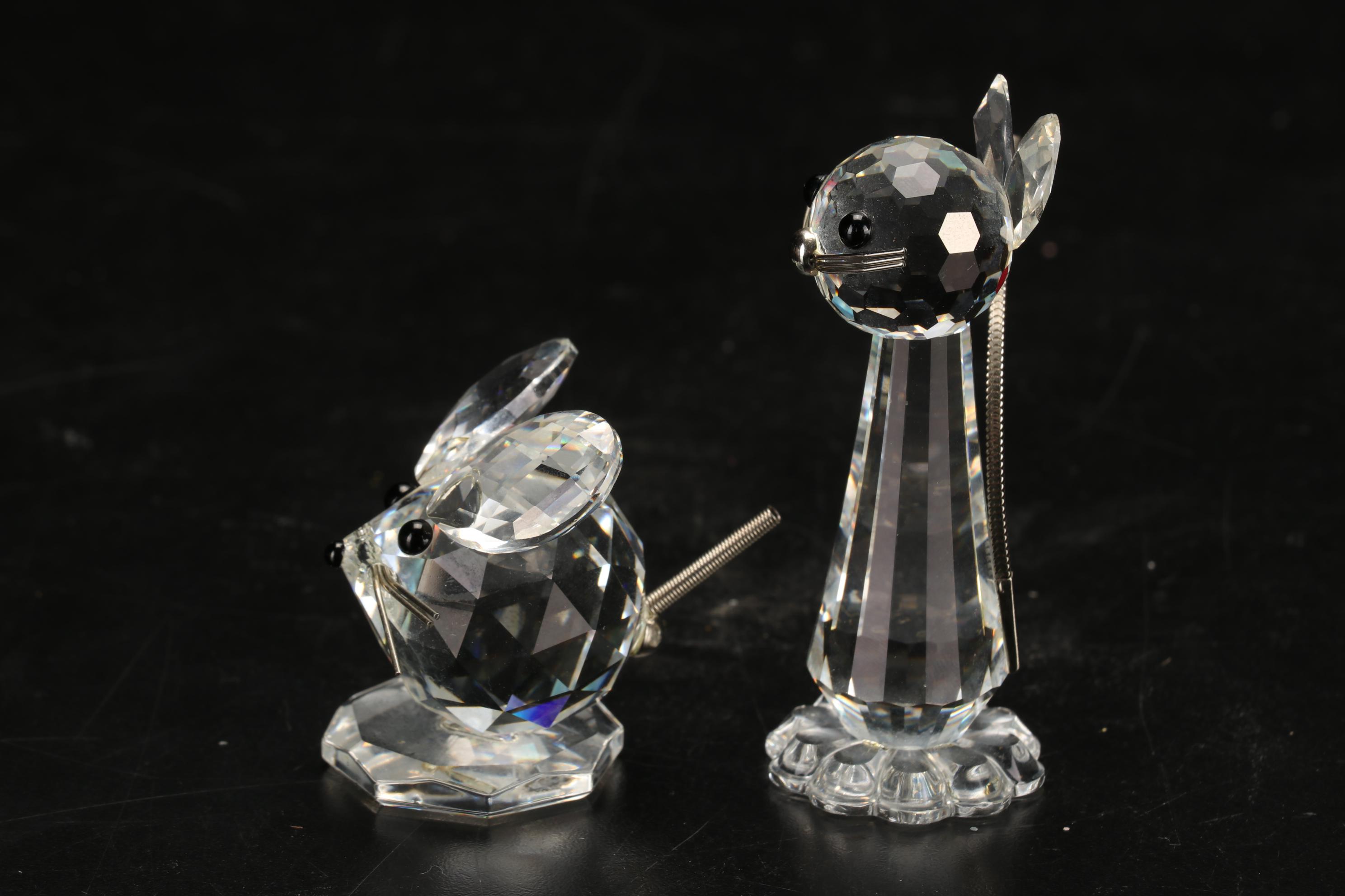 Swarovski Cat and Mouse Crystal Figurines with Polar Bear Musical Snow Globe