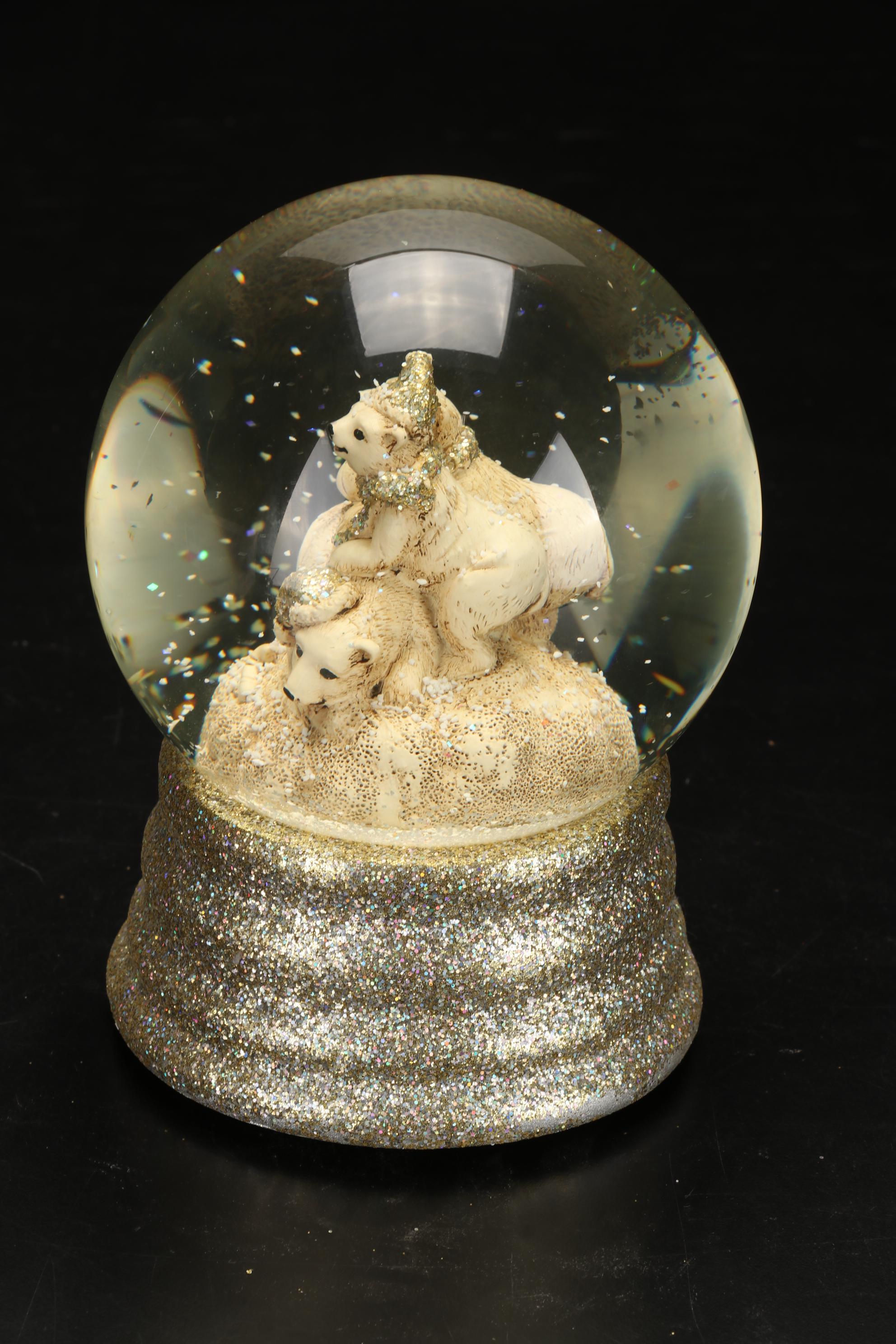 Swarovski Cat and Mouse Crystal Figurines with Polar Bear Musical Snow Globe
