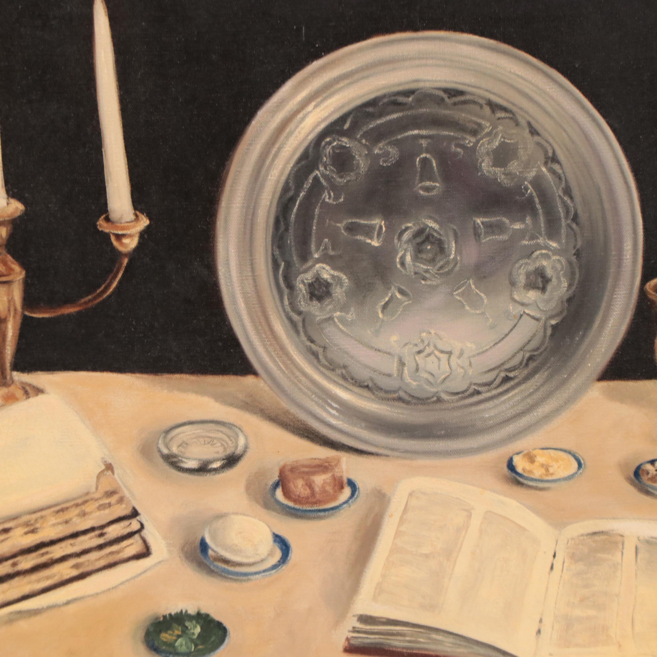 Dov Naniah Oil Painting of a Passover Table, Late 20th Century