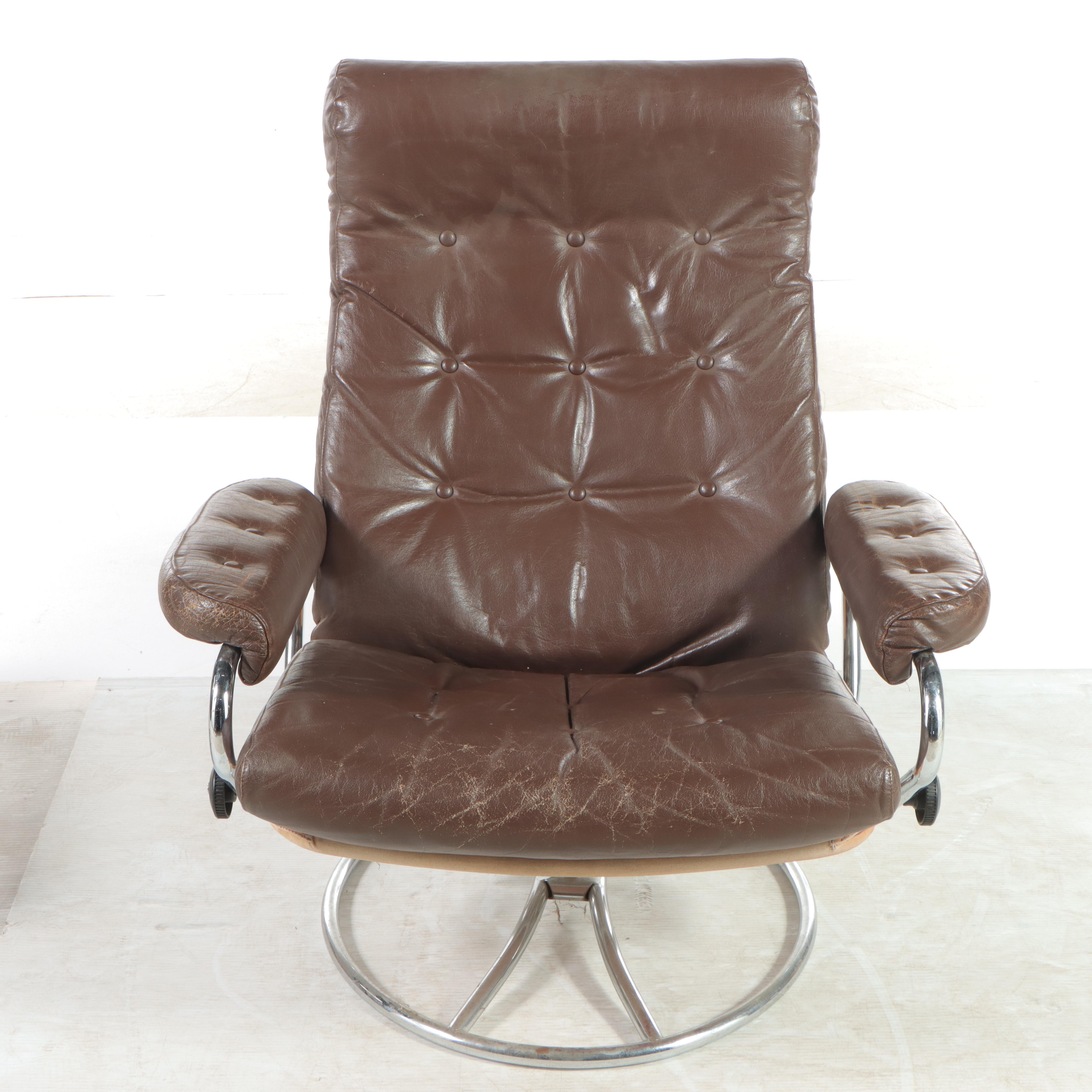 Modernist Chrome and Leather Lounge Chair and Ottoman, Manner of Ekornes, c 1970
