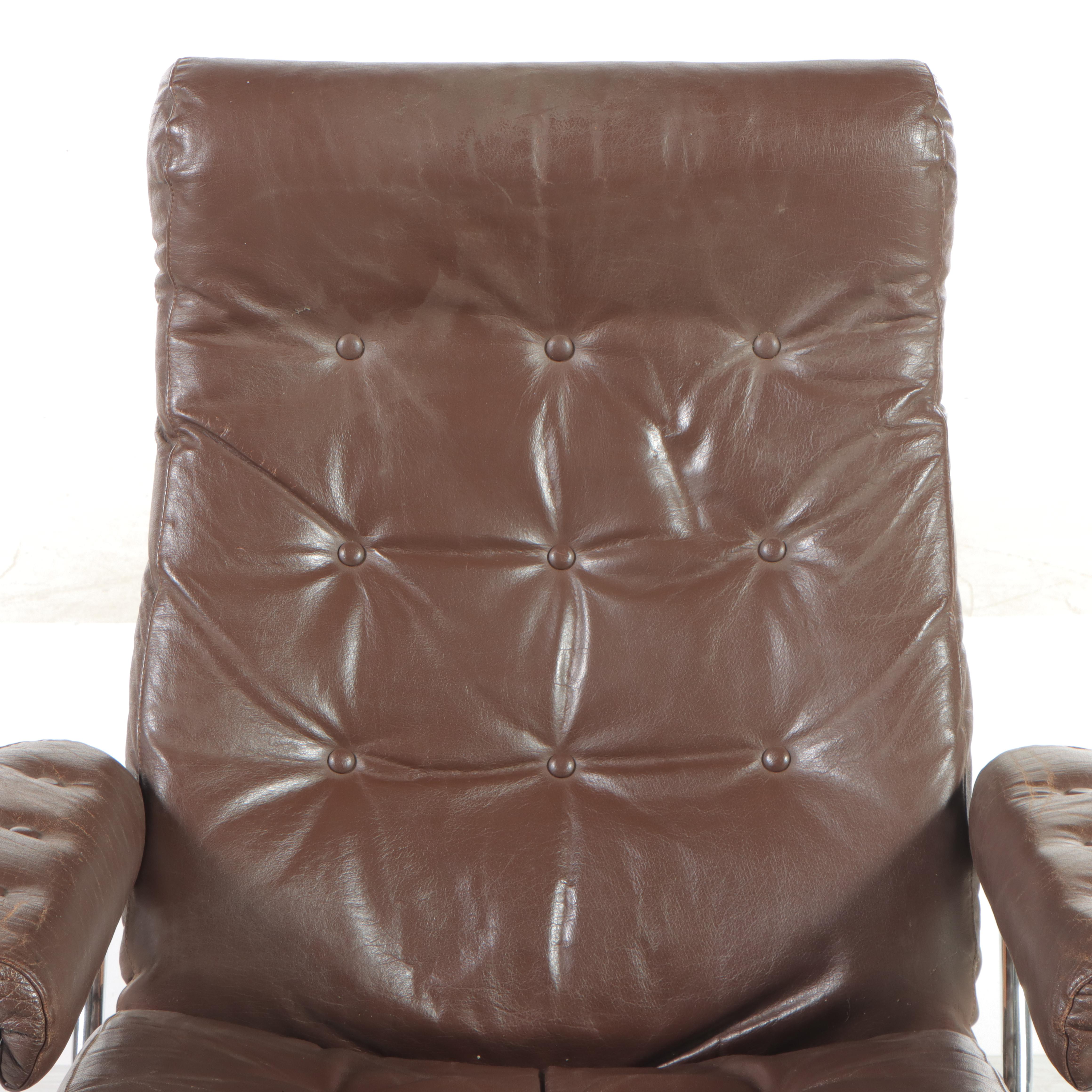 Modernist Chrome and Leather Lounge Chair and Ottoman, Manner of Ekornes, c 1970