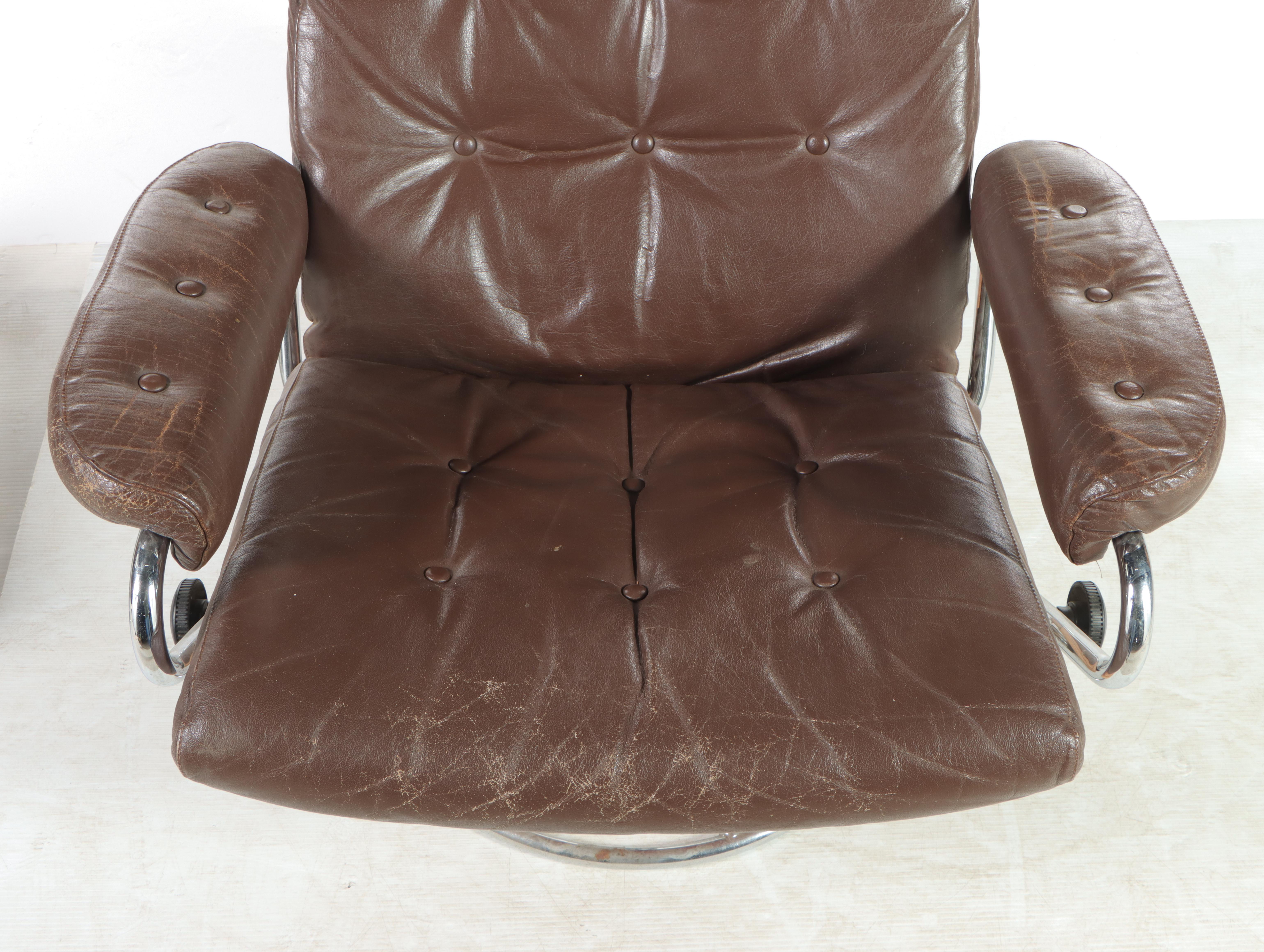 Modernist Chrome and Leather Lounge Chair and Ottoman, Manner of Ekornes, c 1970